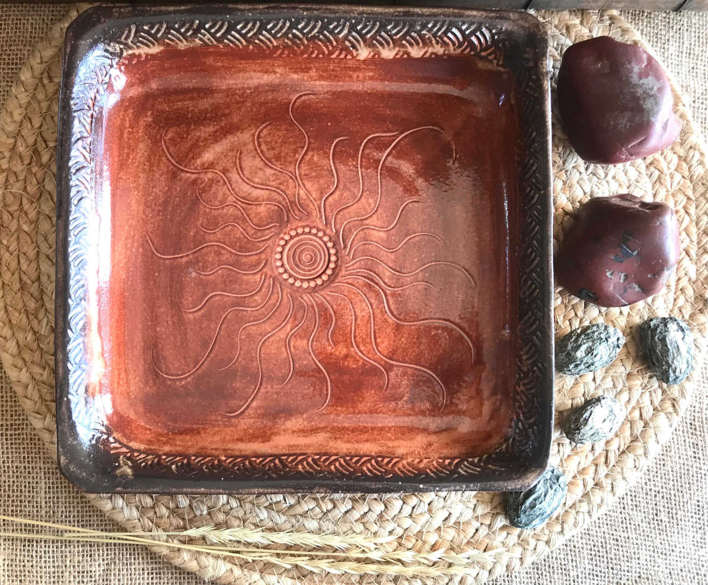 Rustic Square Sun & Basketweave Meat Tray/ Serving Tray ~ 9.5” Square  ~ 1.25” Depth~ Sedona Red & Brown