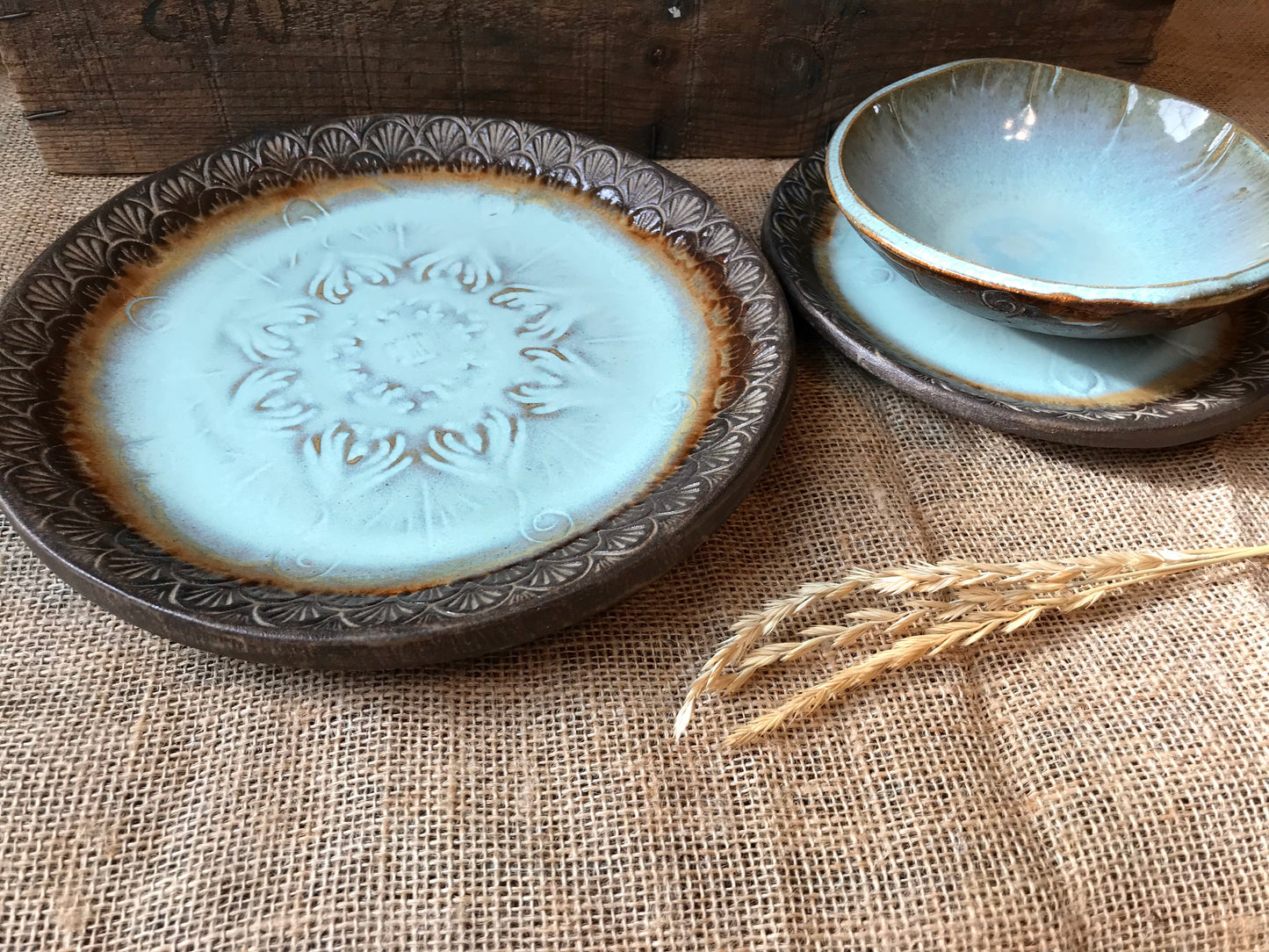 Rustic Native Mandala Dinnerware Set ~ Turquoise & Heavy Brown Glaze