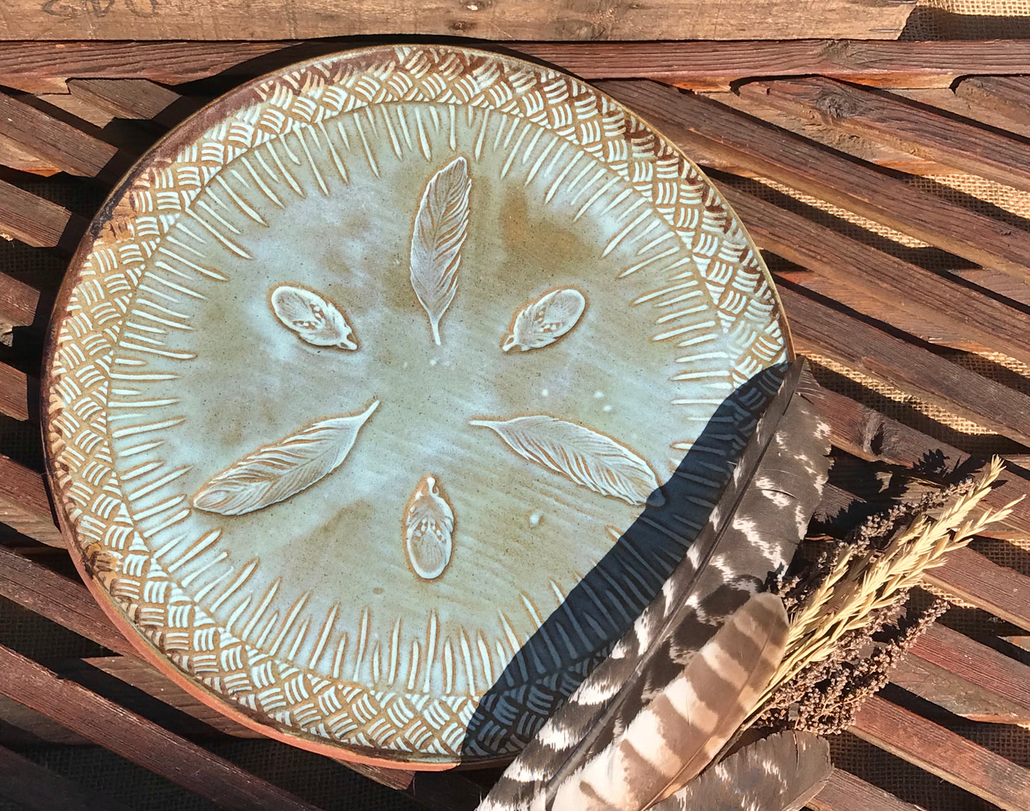 Rustic Wild Feathers Serving Platter ~ 13” Round ~ Turquoise & Brown ~ Appetizers & Cheese