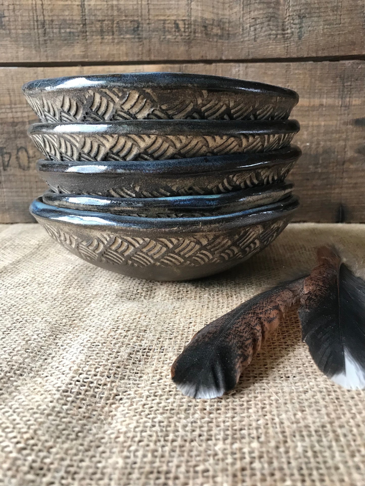 Rustic Basketweave Bowl ~ Night Sky Blue & Brown Glaze