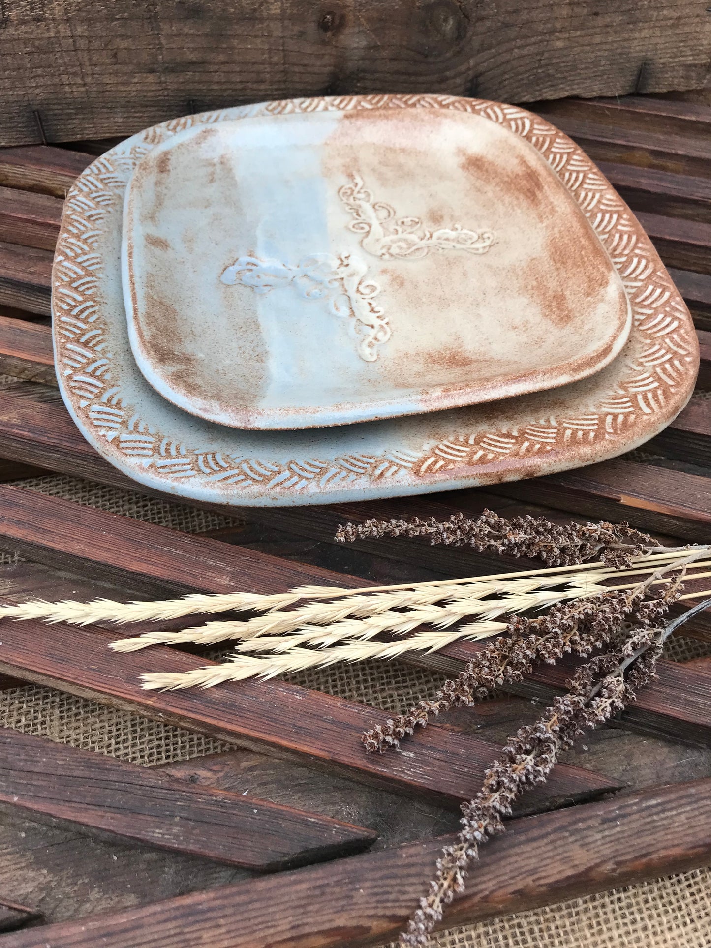 Rustic Floral & Basketweave Square Dinner Plate & Salad Plate ~ 9” ~  Blue & Brown Glaze