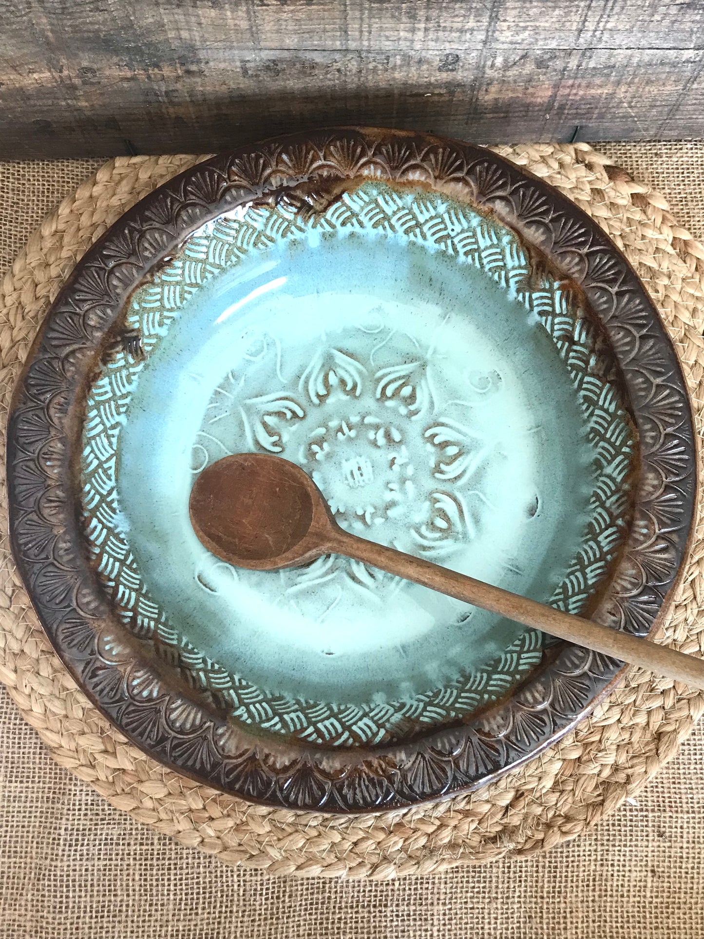 Rustic Native Mandala Serving & Baking  Bowl ~ 12” Diameter ~ 2.5” Depth~ Turquoise & Brown & Birch