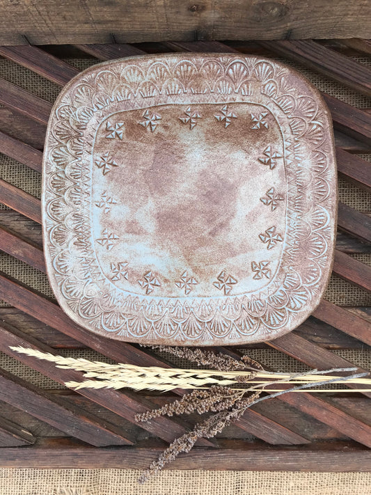 Rustic Basketweave Square  Dinner Plate ~ 9” ~ Dusty Blue & Brown Glaze