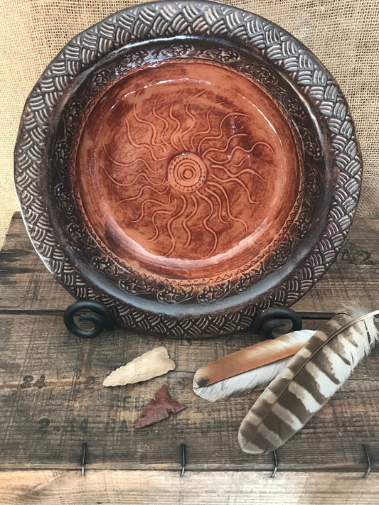 Rustic Wild Buffalo & Sun Serving & Baking Bowl ~ 12.5” Diameter ~ 1.75” Depth~ Sedona Red & Brown