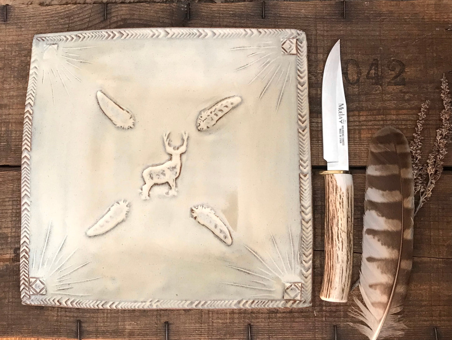 Rustic Wild Buck Square Dinner Plate Platter ~ 10” ~ Birch Brown Glaze ~ Vermont Handmade Pottery