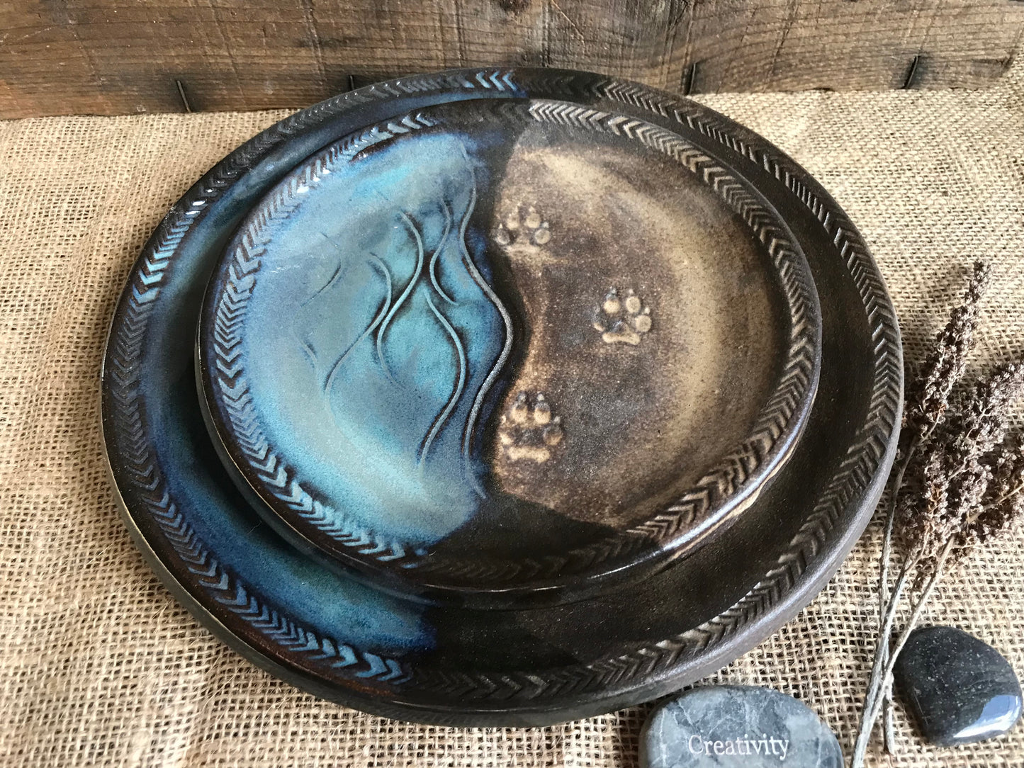 Rustic Wild River Wolf Dinner Plate & Salad Plate ~ 10”  ~ River Blue & Brown Glaze