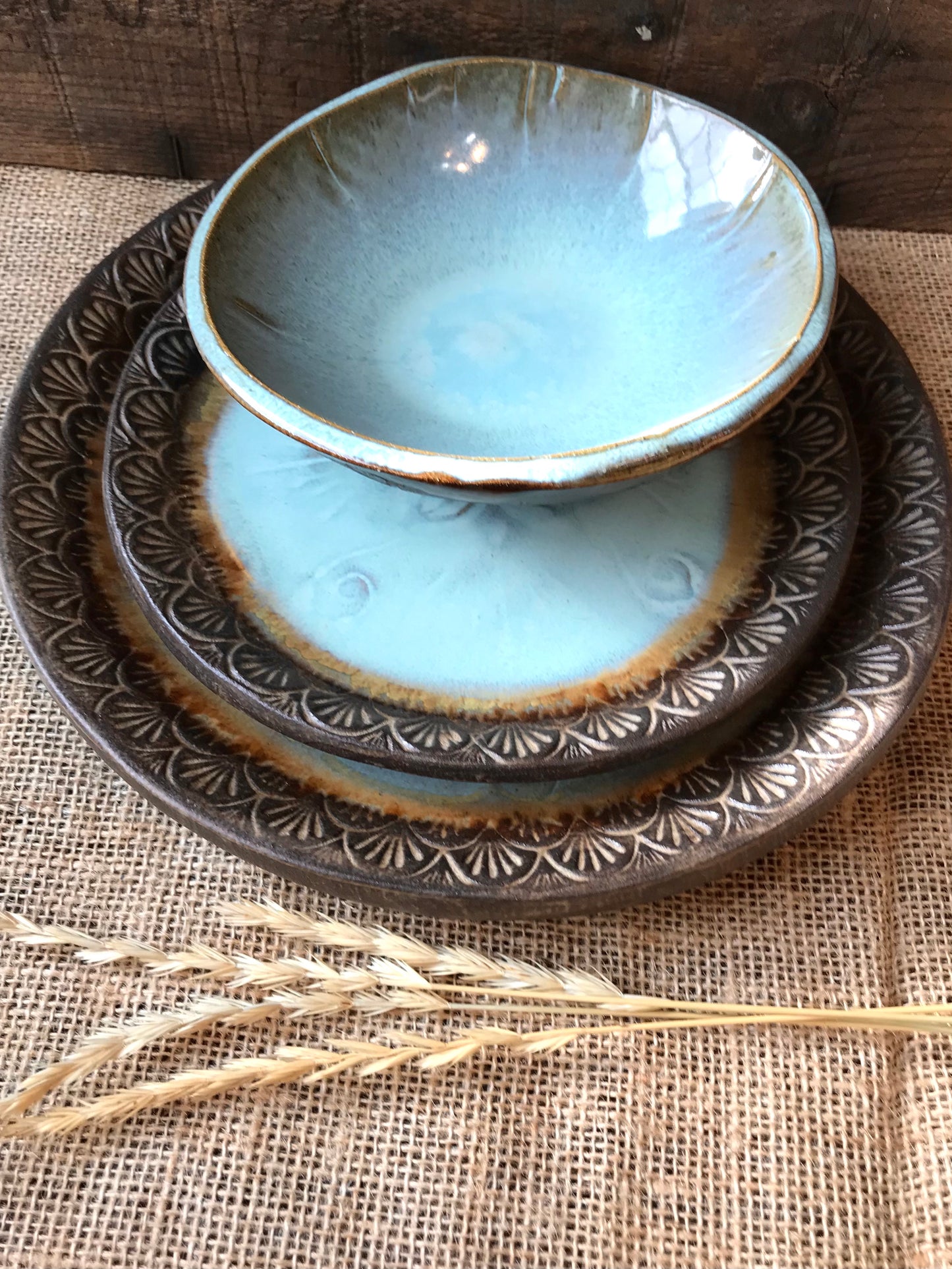 Rustic Native Mandala Dinnerware Set ~ Turquoise & Heavy Brown Glaze