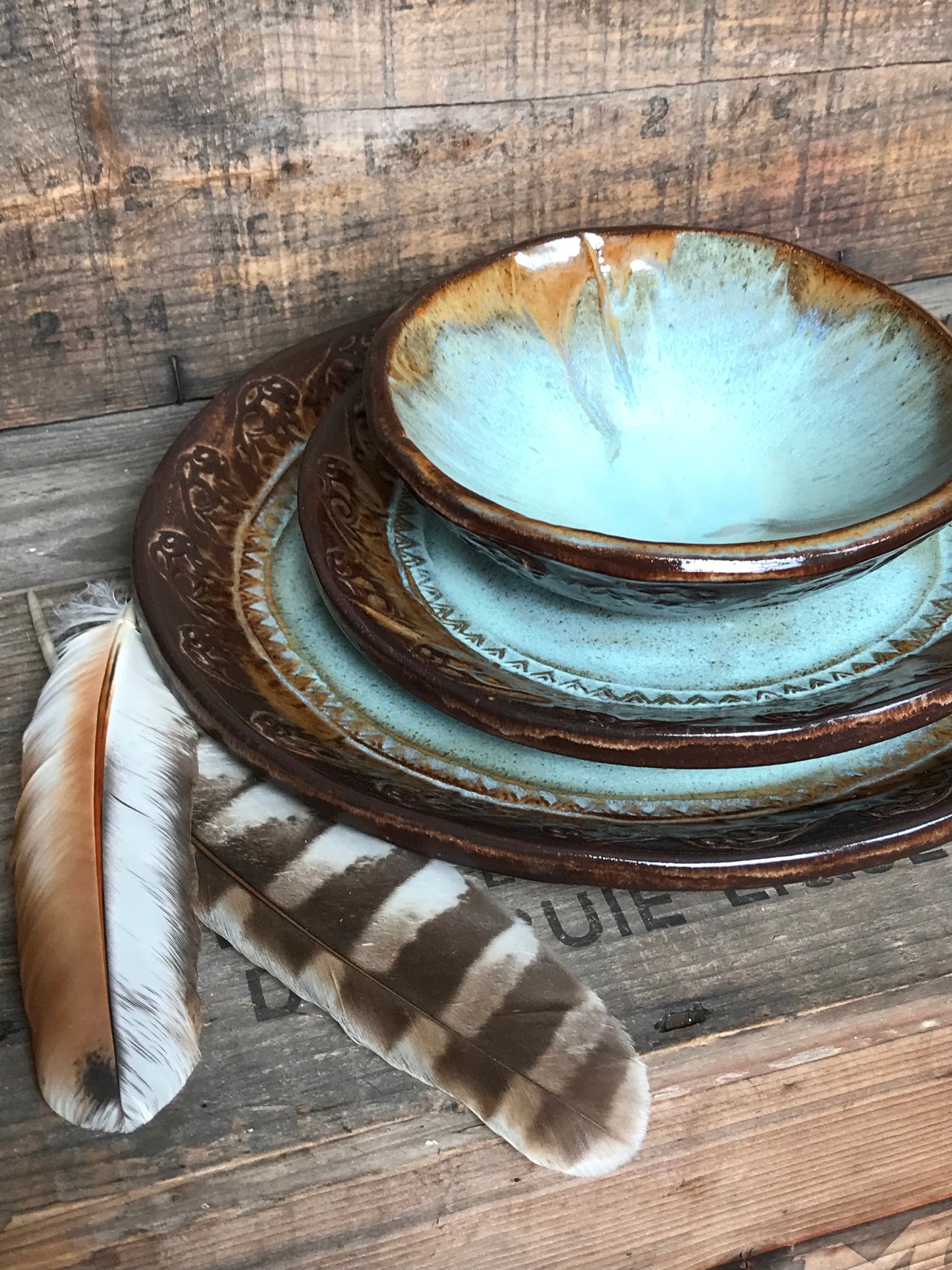 Rustic Wild Buffalo Dinnerware ~ Dinner Plate/Salad Plate/Bowl ~ Turquoise & Heavy Brown Edging