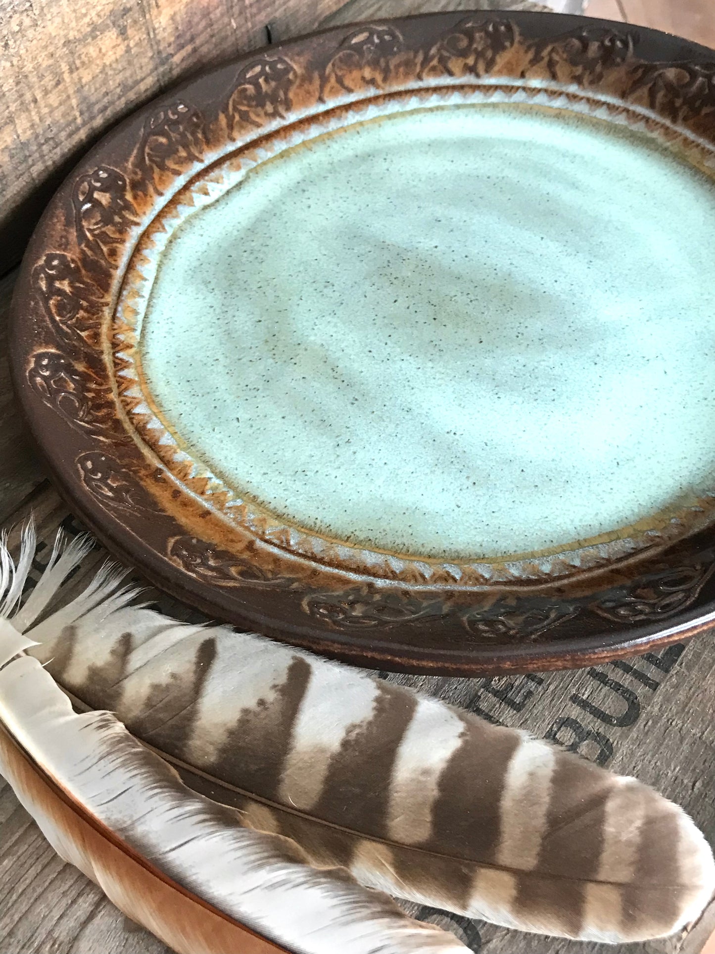 Rustic Wild Buffalo Dinnerware ~ Dinner Plate/Salad Plate/Bowl ~ Turquoise & Heavy Brown Edging