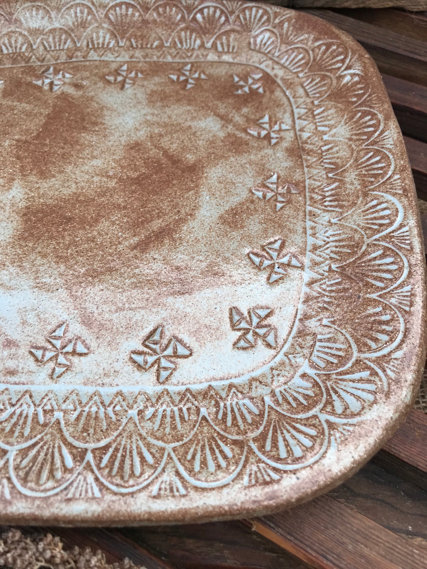 Rustic Basketweave Square  Dinner Plate ~ 9” ~ Dusty Blue & Brown Glaze