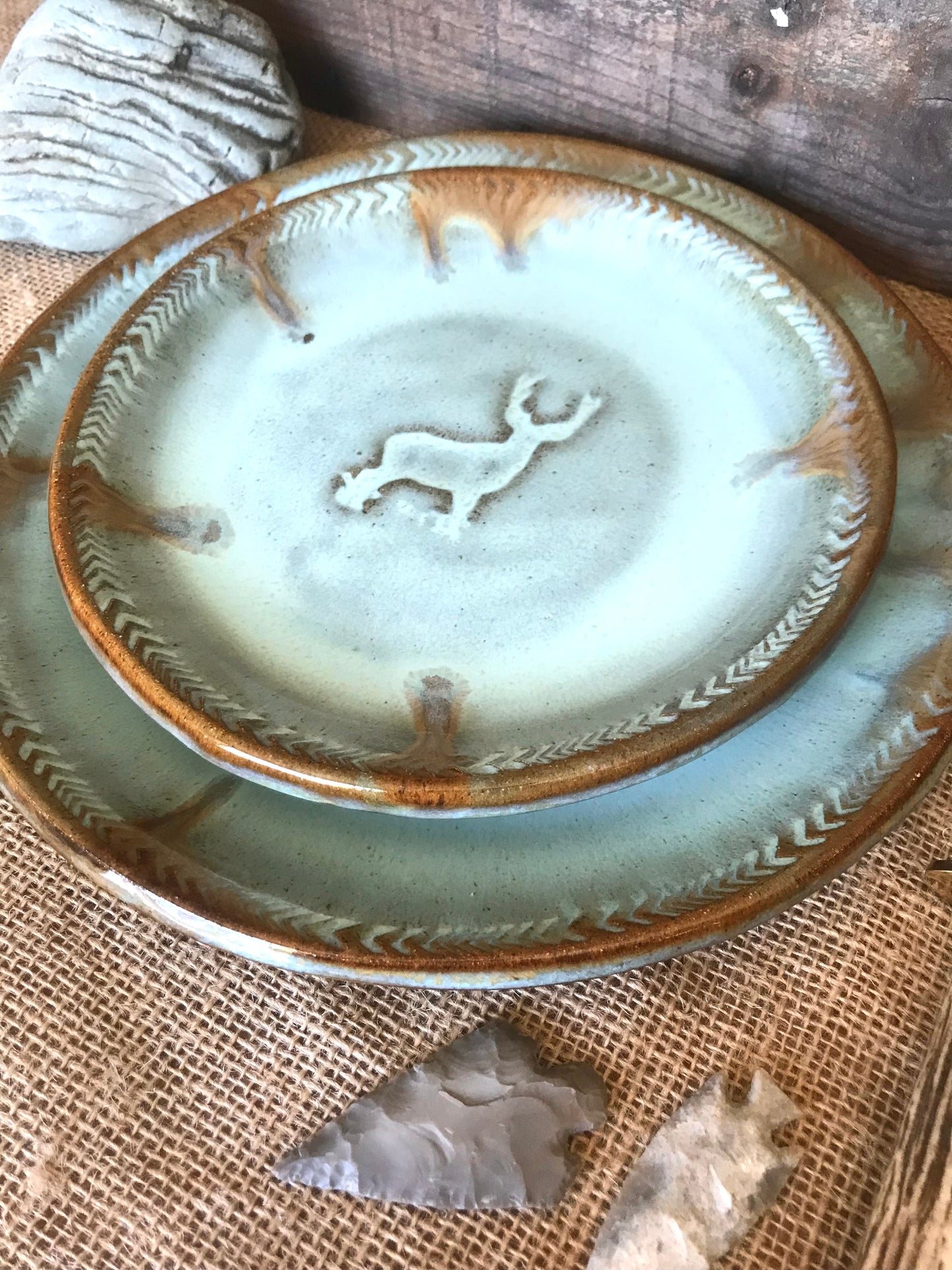 Rustic Wild Buck Dinner Plate & Salad Plate ~ Turquoise and Brown Glaze