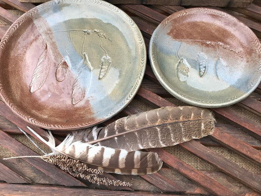 Rustic Wild Feathers & Grass Dinner Plate & Salad Plate ~ 10”  ~ Blue Green Brown Glaze