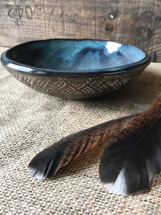 Rustic Basketweave Bowl ~ Night Sky Blue & Brown Glaze