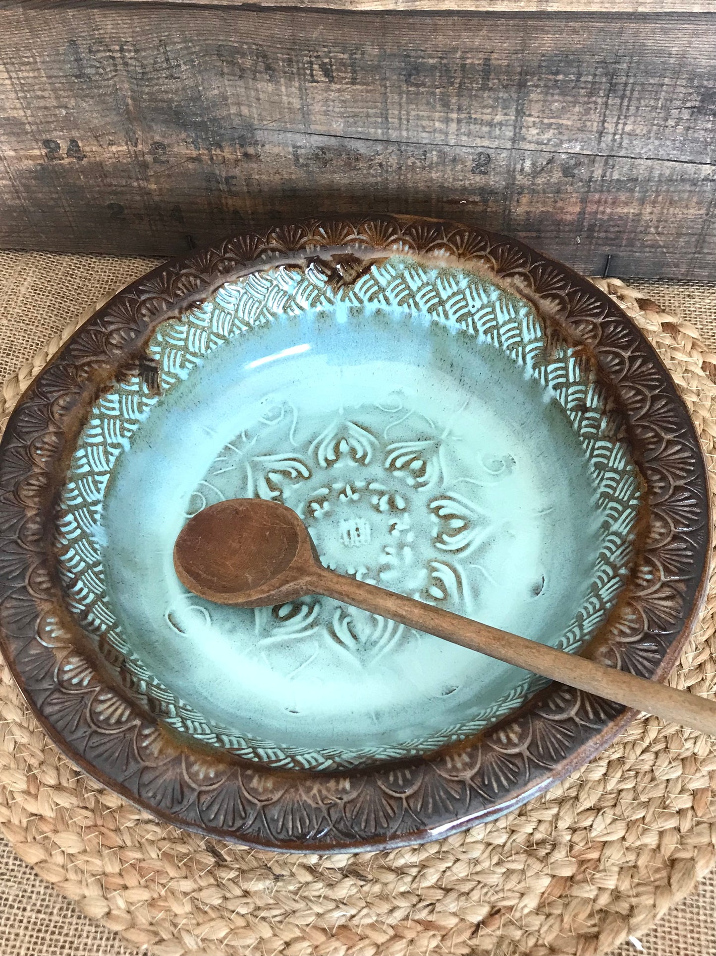 Rustic Native Mandala Serving & Baking  Bowl ~ 12” Diameter ~ 2.5” Depth~ Turquoise & Brown & Birch