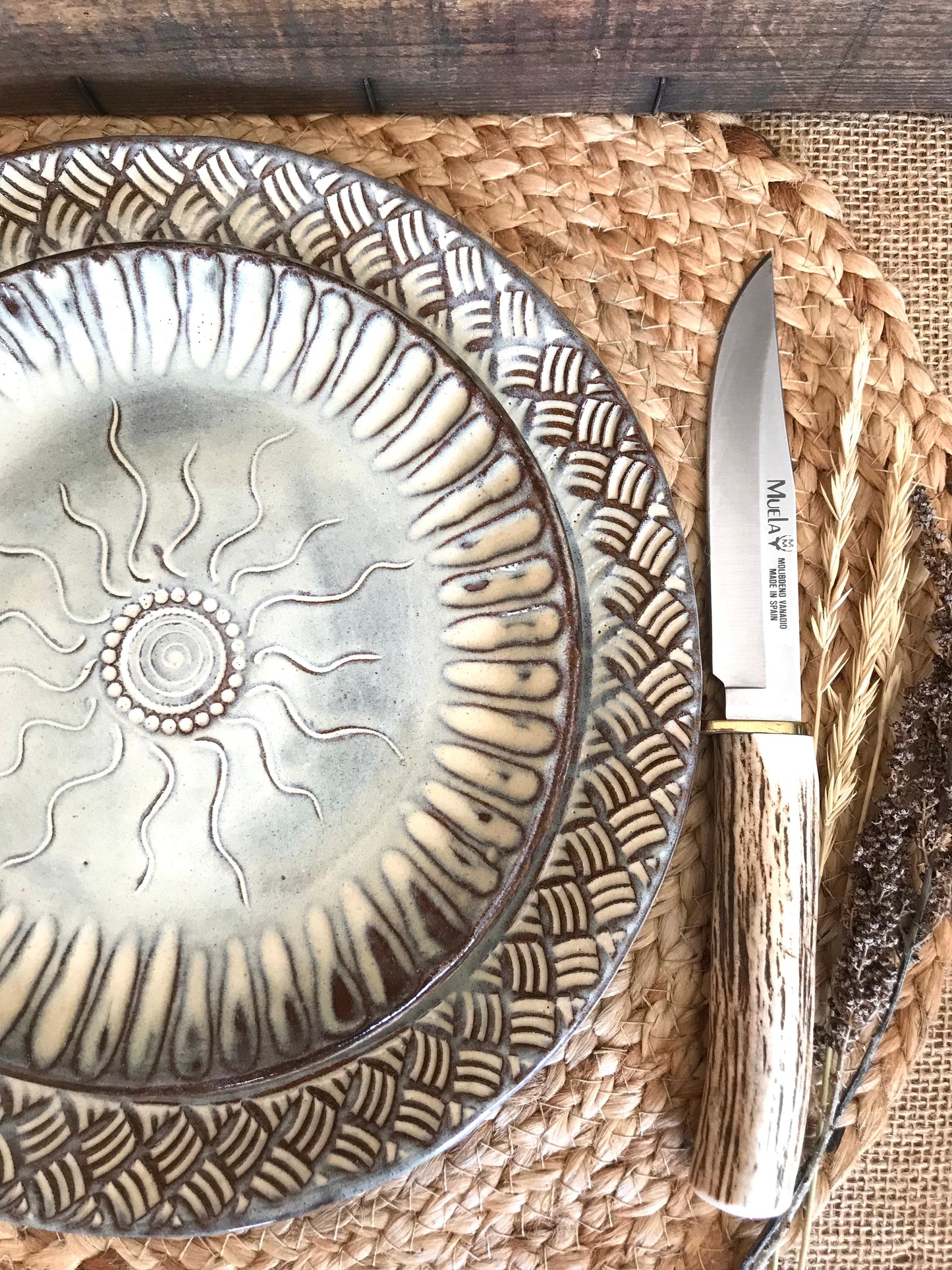 Rustic Native Sun Dinnerware Set ~ Dinner & Salad Plate ~ Birch Brown Glaze