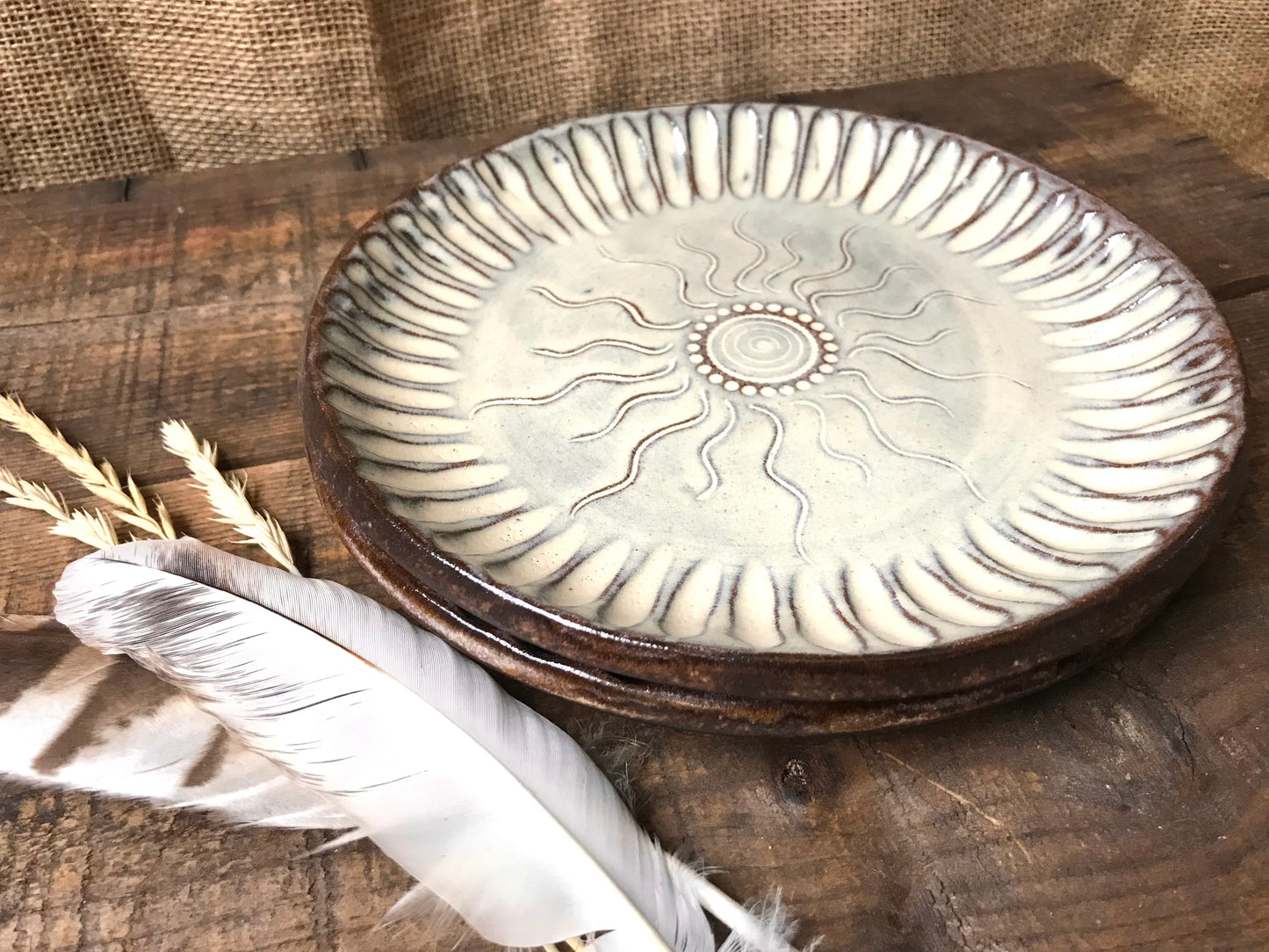 Rustic Native Sun Dinnerware Set ~ Dinner & Salad Plate ~ Birch Brown Glaze