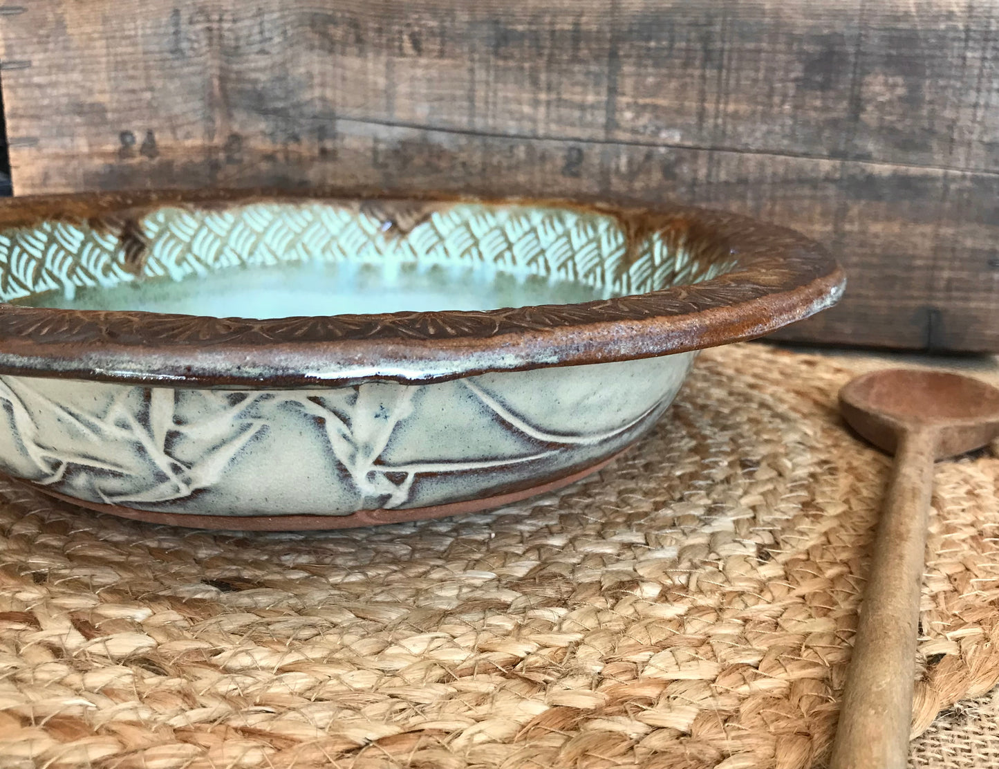 Rustic Native Mandala Serving & Baking  Bowl ~ 12” Diameter ~ 2.5” Depth~ Turquoise & Brown & Birch