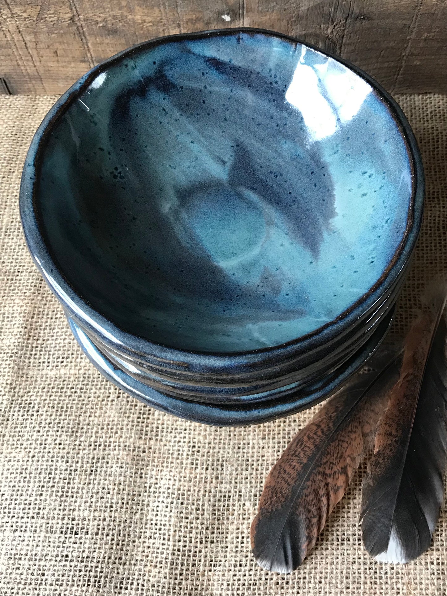 Rustic Basketweave Bowl ~ Night Sky Blue & Brown Glaze