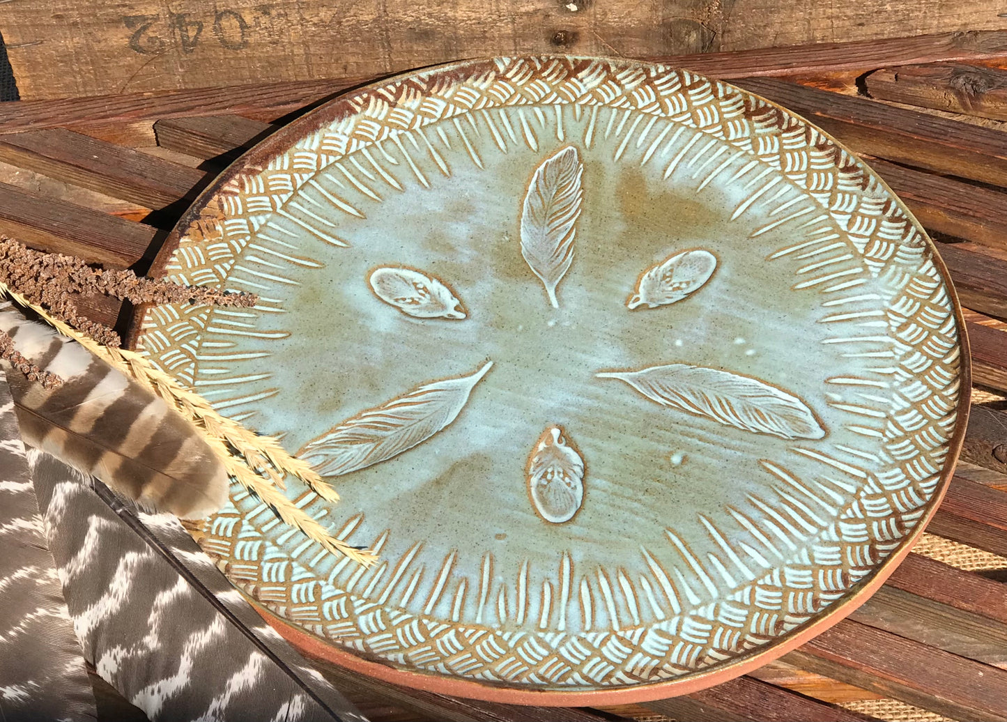 Rustic Wild Feathers Serving Platter ~ 13” Round ~ Turquoise & Brown ~ Appetizers & Cheese