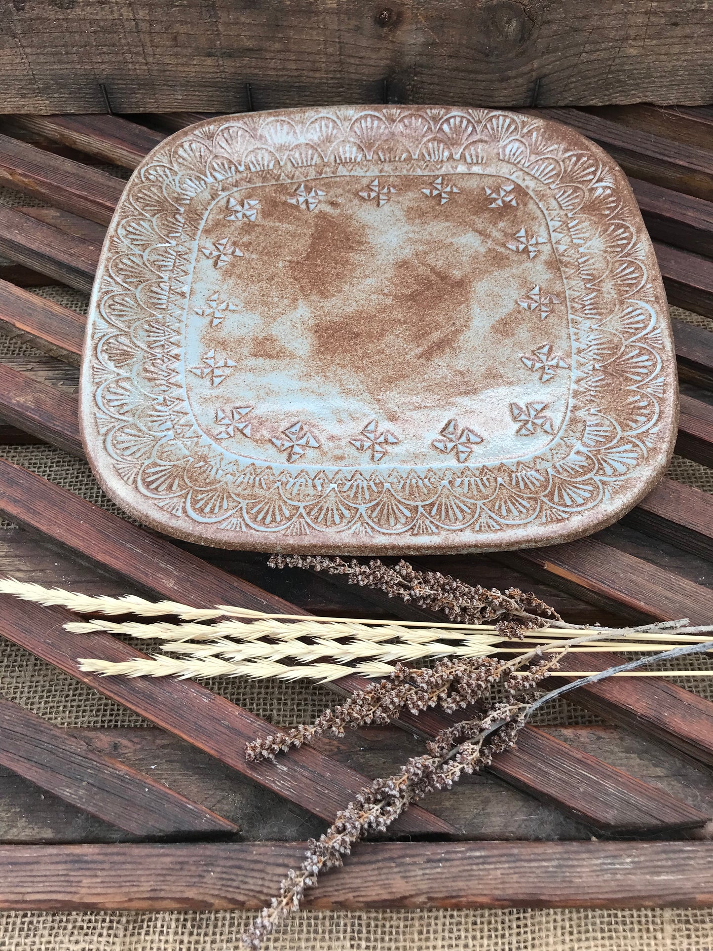 Rustic Basketweave Square  Dinner Plate ~ 9” ~ Dusty Blue & Brown Glaze