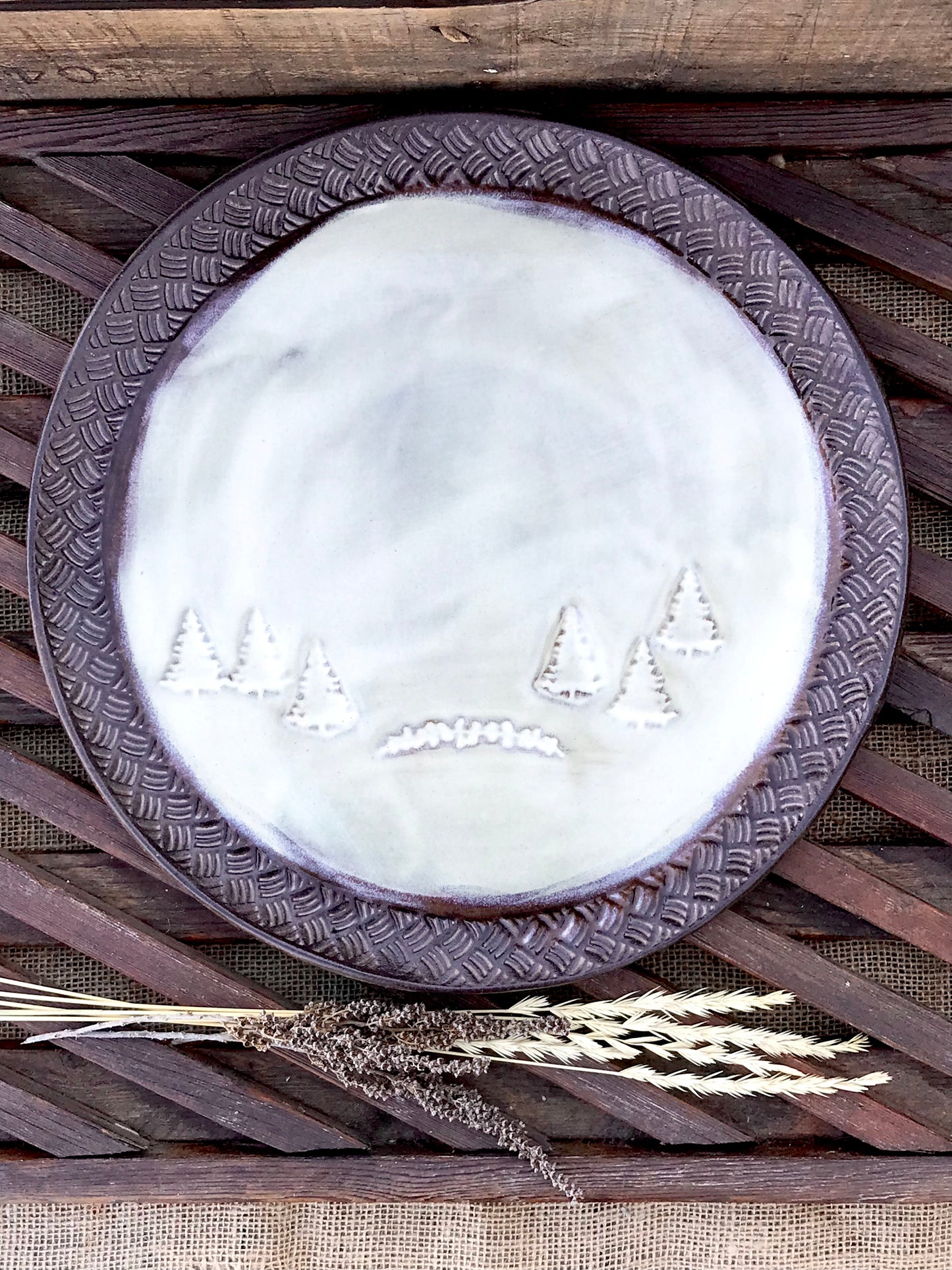 Rustic Vermont Evergreen Serving Platter ~ 13” Round ~ Birch & Brown ~ Appetizers & Cheese