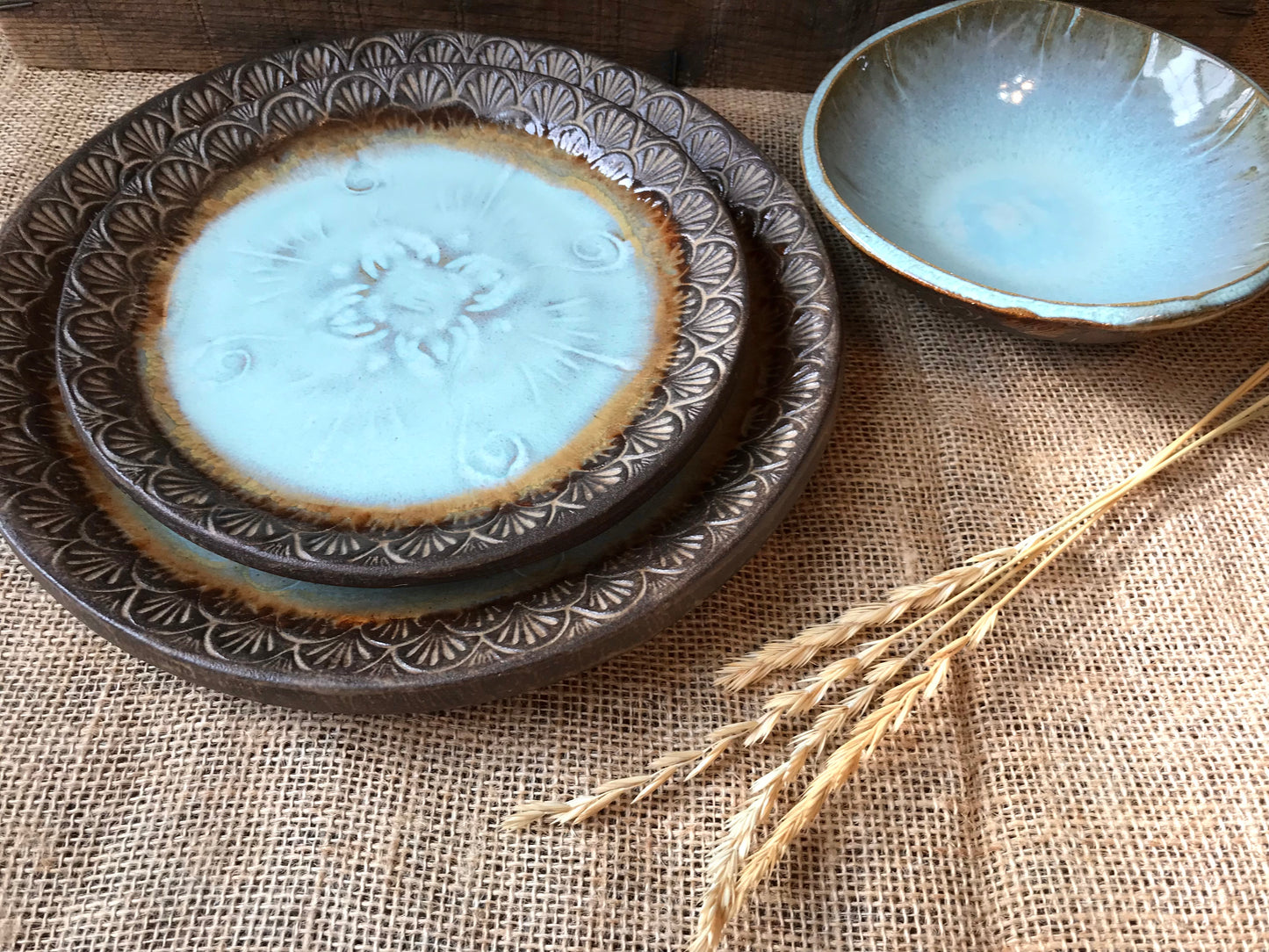 Rustic Native Mandala Dinnerware Set ~ Turquoise & Heavy Brown Glaze