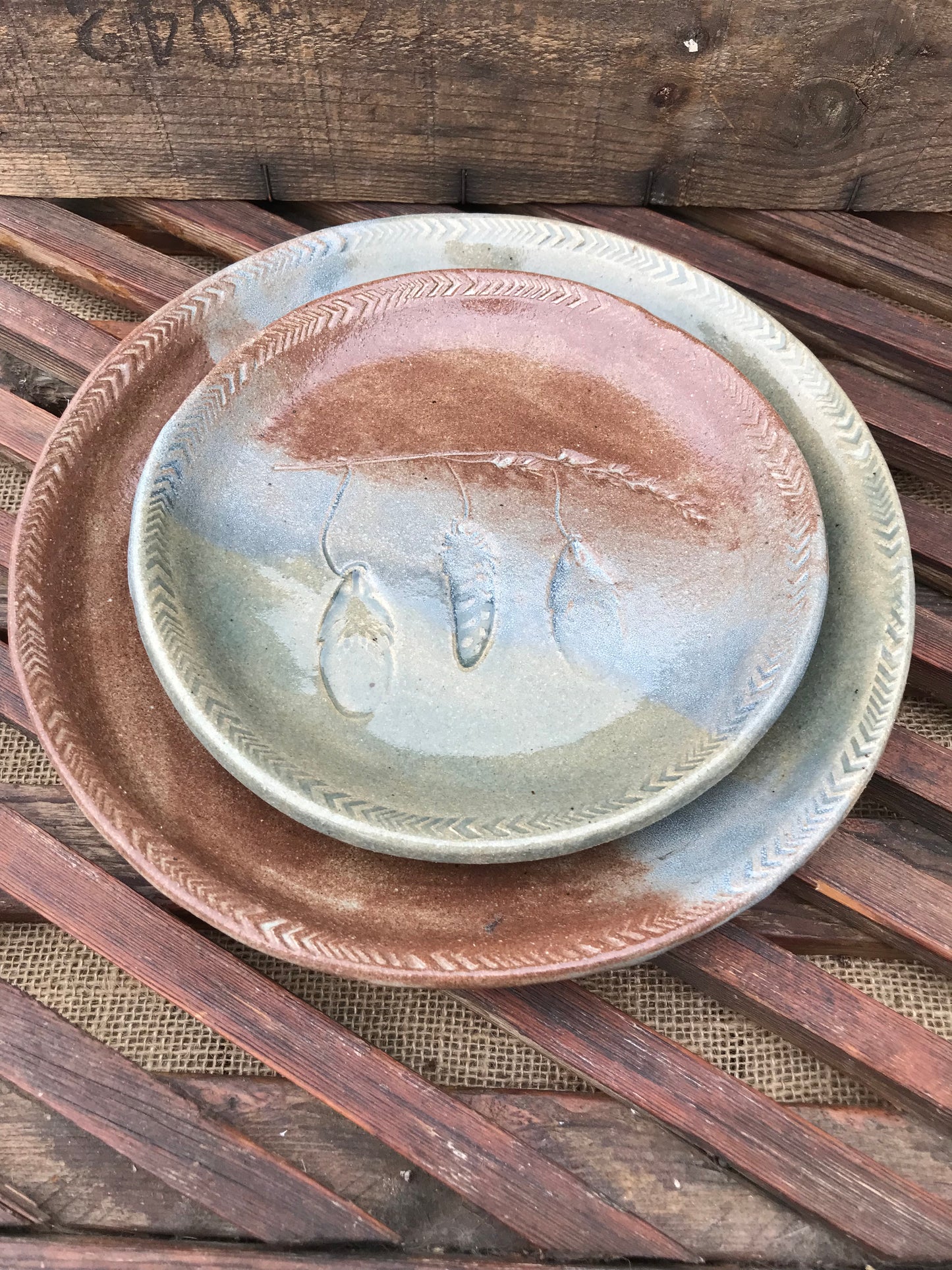 Rustic Wild Feathers & Grass Dinner Plate & Salad Plate ~ 10”  ~ Blue Green Brown Glaze