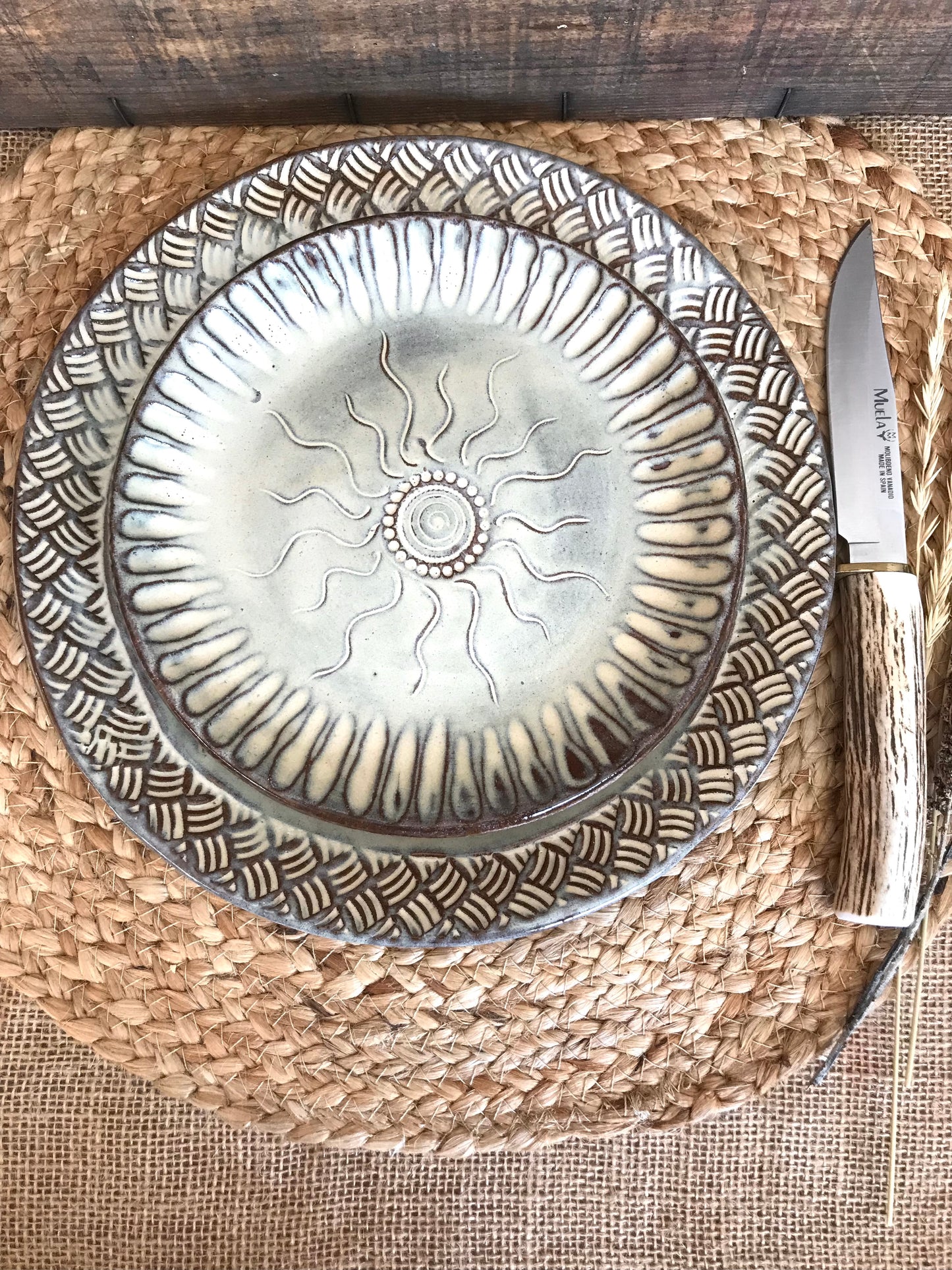 Rustic Native Sun Dinnerware Set ~ Dinner & Salad Plate ~ Birch Brown Glaze