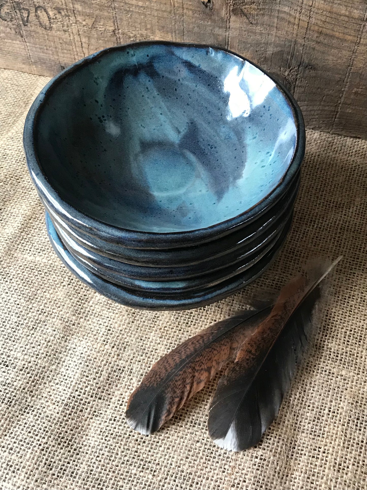 Rustic Basketweave Bowl ~ Night Sky Blue & Brown Glaze