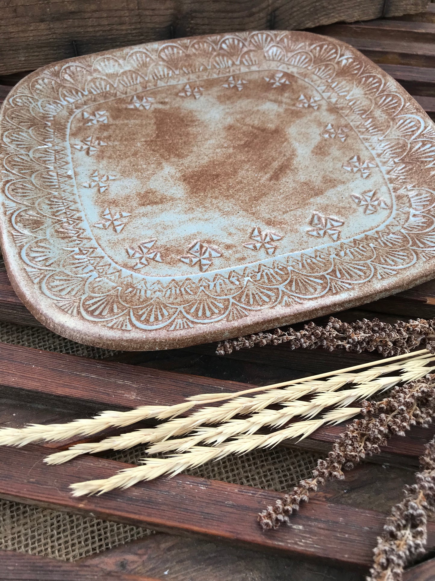 Rustic Basketweave Square  Dinner Plate ~ 9” ~ Dusty Blue & Brown Glaze