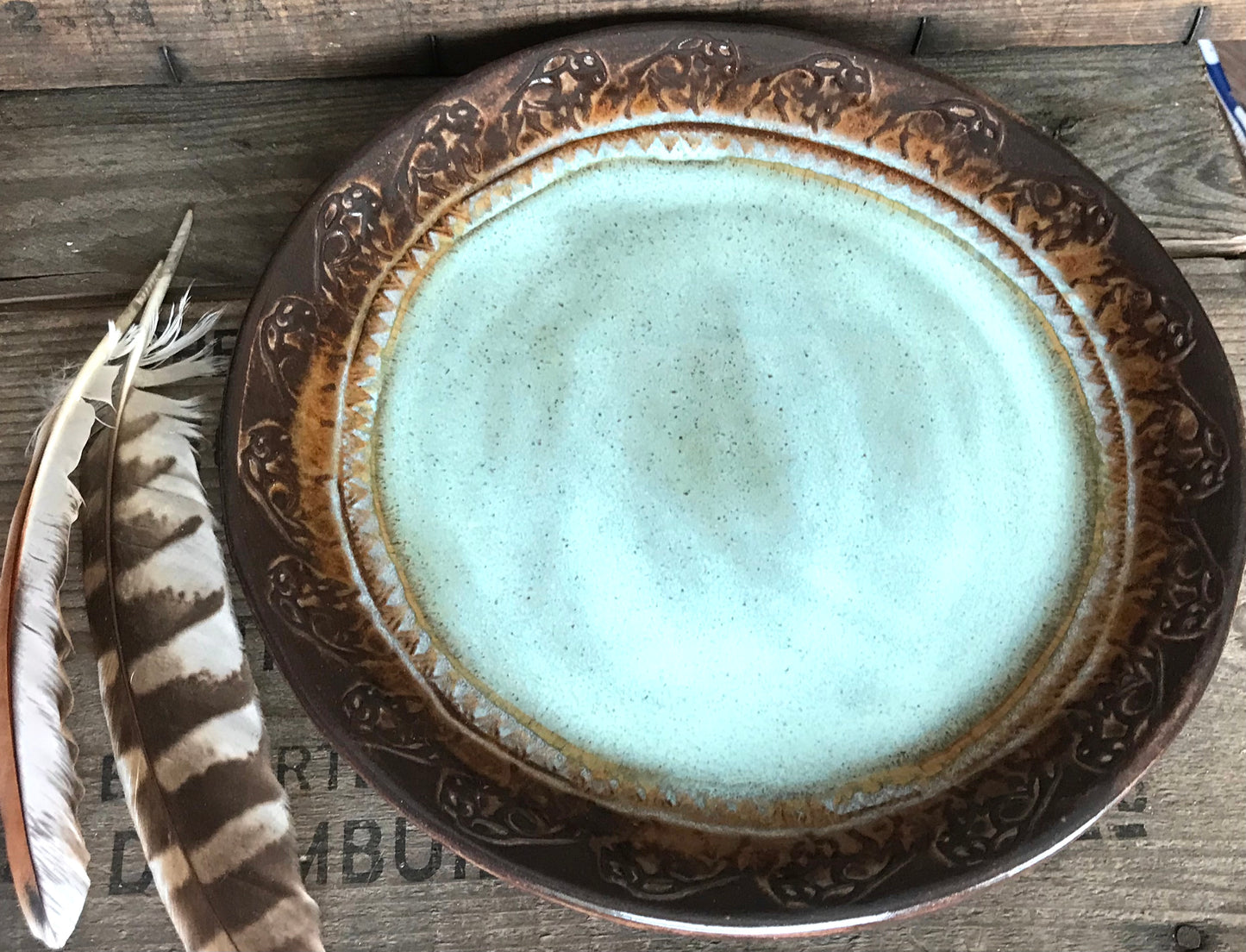 Rustic Wild Buffalo Dinnerware ~ Dinner Plate/Salad Plate/Bowl ~ Turquoise & Heavy Brown Edging