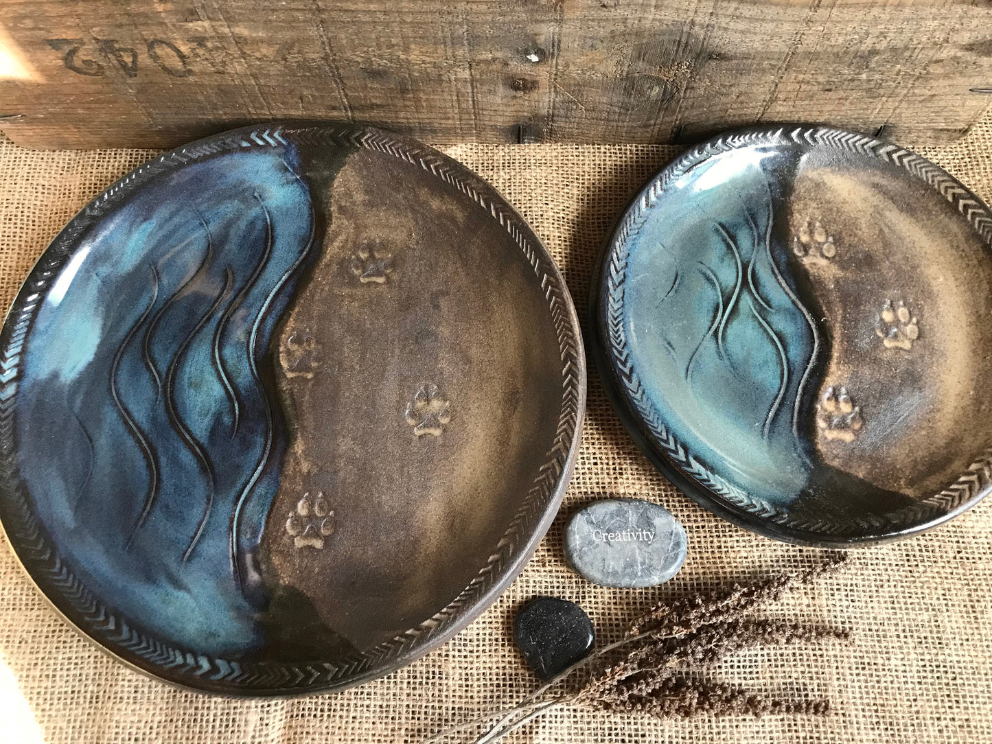 Rustic Wild River Wolf Dinner Plate & Salad Plate ~ 10”  ~ River Blue & Brown Glaze