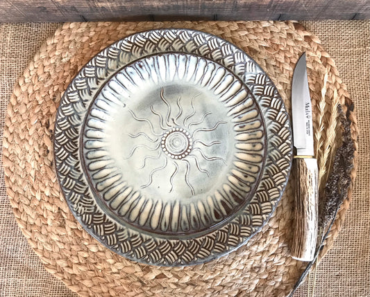 Rustic Native Sun Dinnerware Set ~ Dinner & Salad Plate ~ Birch Brown Glaze