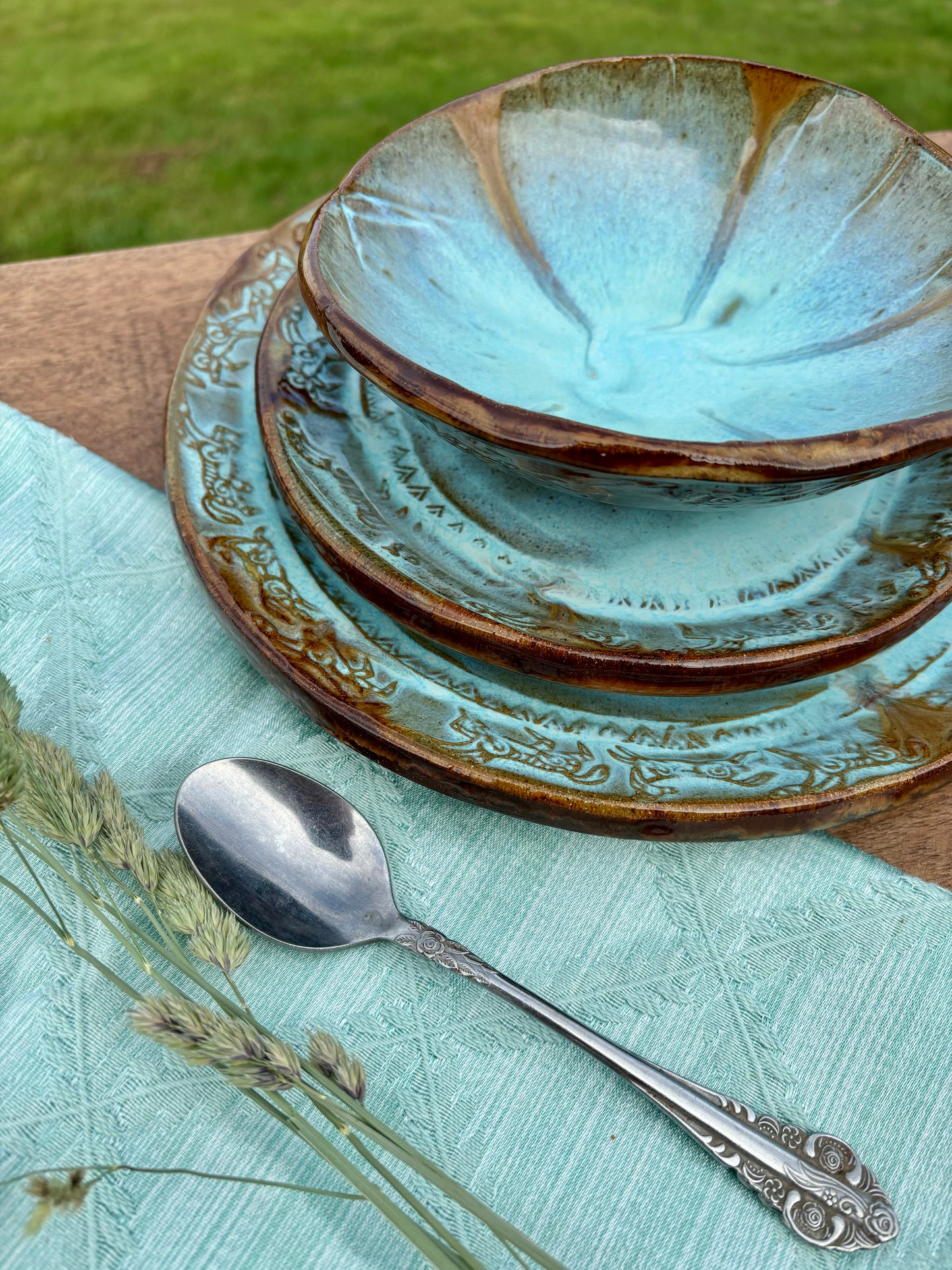 Rustic Wild Mustang Dinnerware Set  ~ Turquoise & Brown