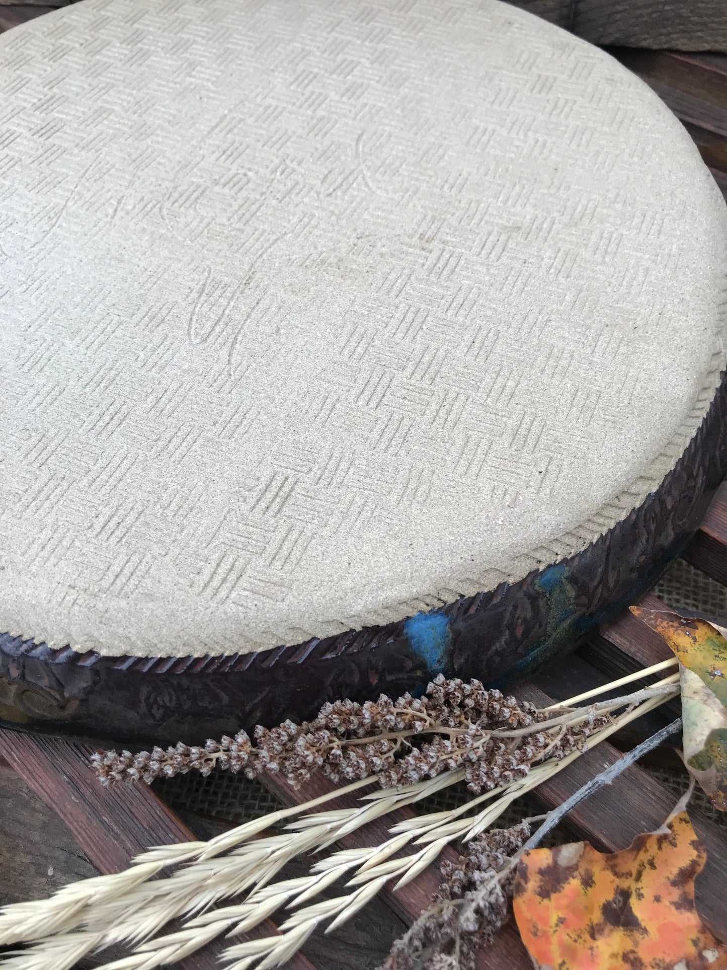 Rustic Antique Doily Serving Platter ~ 12” Round ~ Night Sky Blue & Charcoal Glaze ~ Appetizers & Cheese