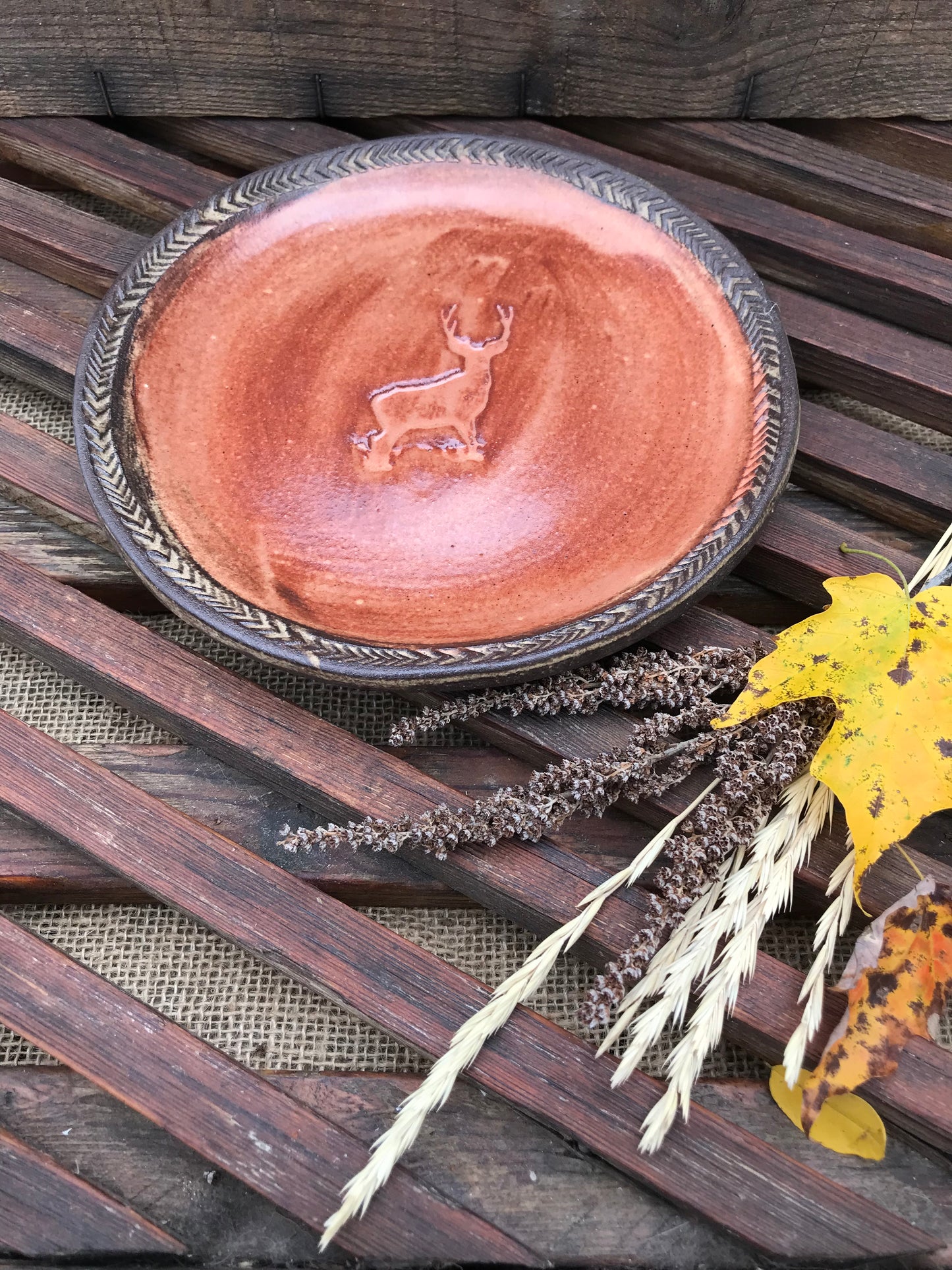 Rustic Wild Buck Salad Plate ~ 7” ~ Sedona Red & Brown Glaze