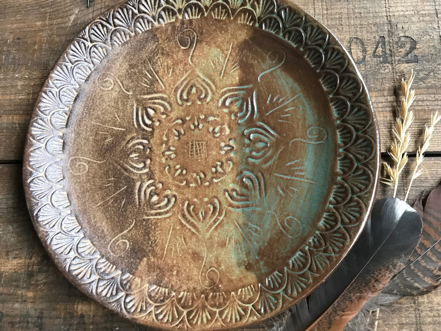 Rustic Native Mandala Dinner Plate ~ 10” ~ Green & Brown Glaze