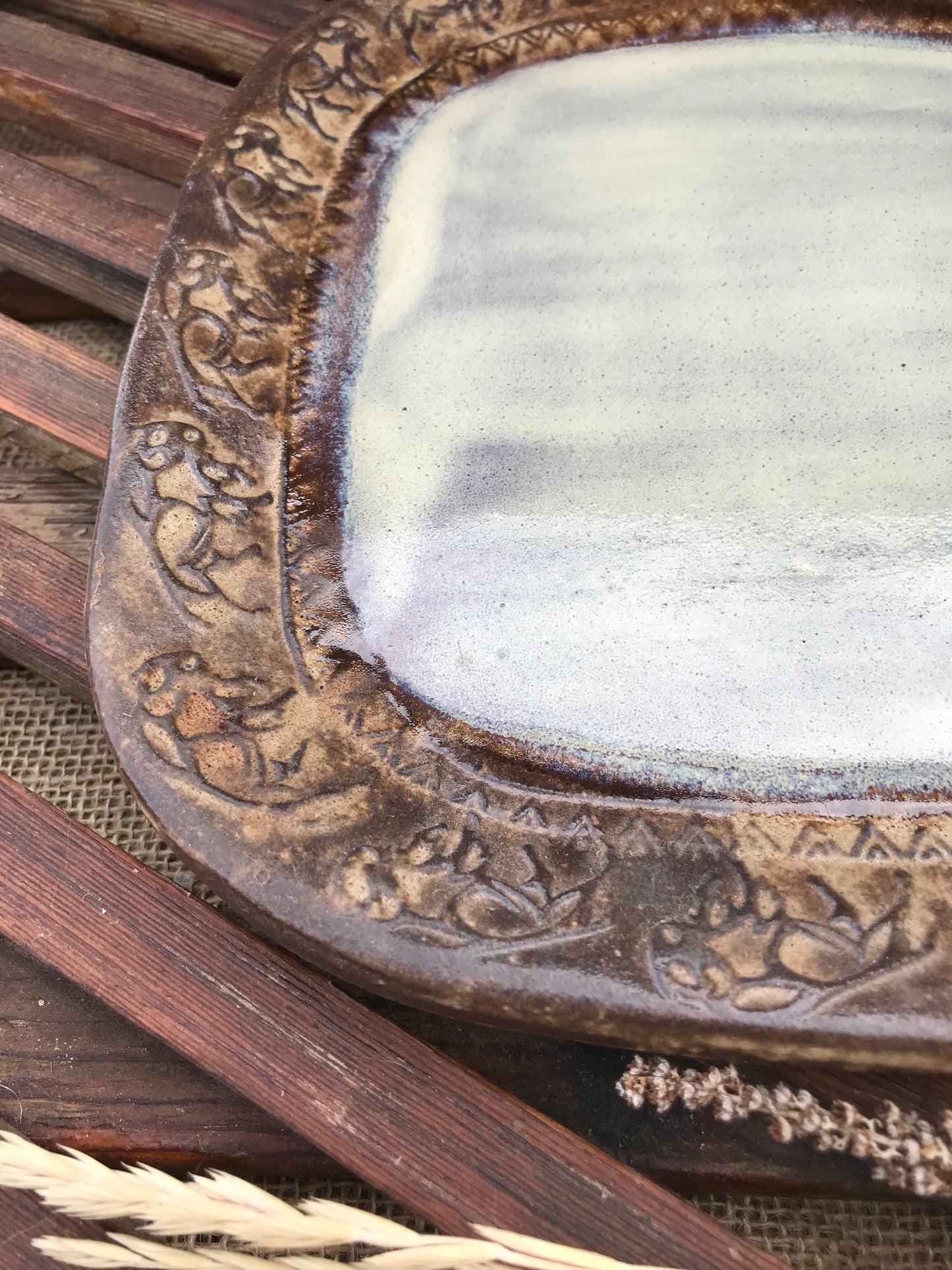 Rustic Wild Buffalo Square Dinner Plate ~ 9” ~ Antique Birch & Brown Glaze