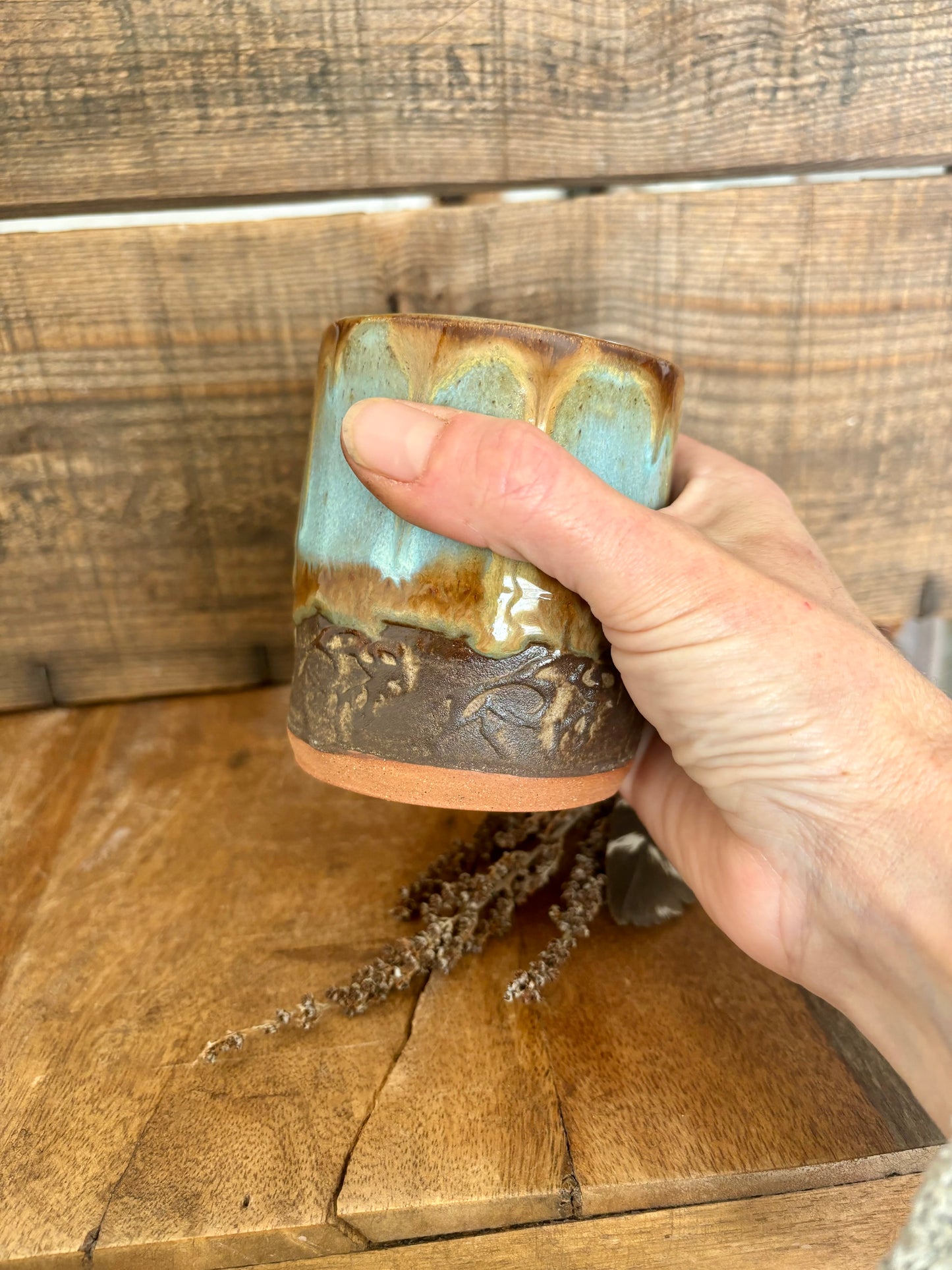 Wild Buffalo Shortie Tumbler ~ 8 oz~ Turquoise & Brown Glaze
