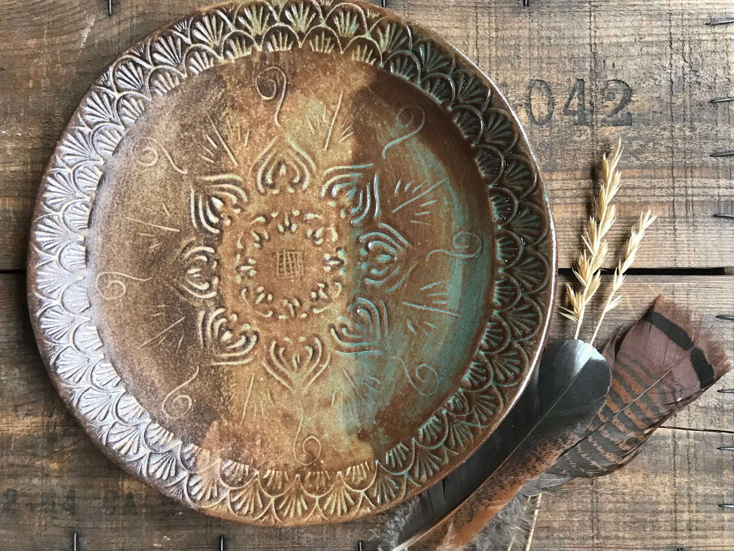 Rustic Native Mandala Dinner Plate ~ 10” ~ Green & Brown Glaze