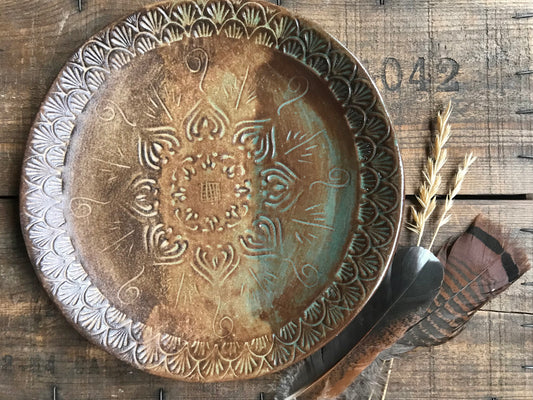 Rustic Native Mandala Dinner Plate ~ 10” ~ Green & Brown Glaze