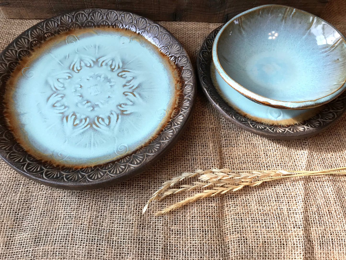 Rustic Native Mandala Dinnerware Set ~ Turquoise & Heavy Brown Glaze