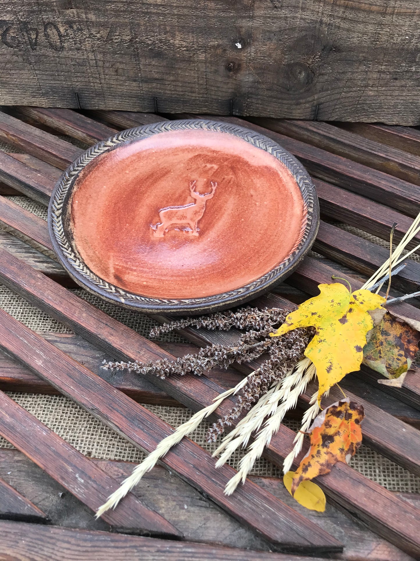 Rustic Wild Buck Salad Plate ~ 7” ~ Sedona Red & Brown Glaze