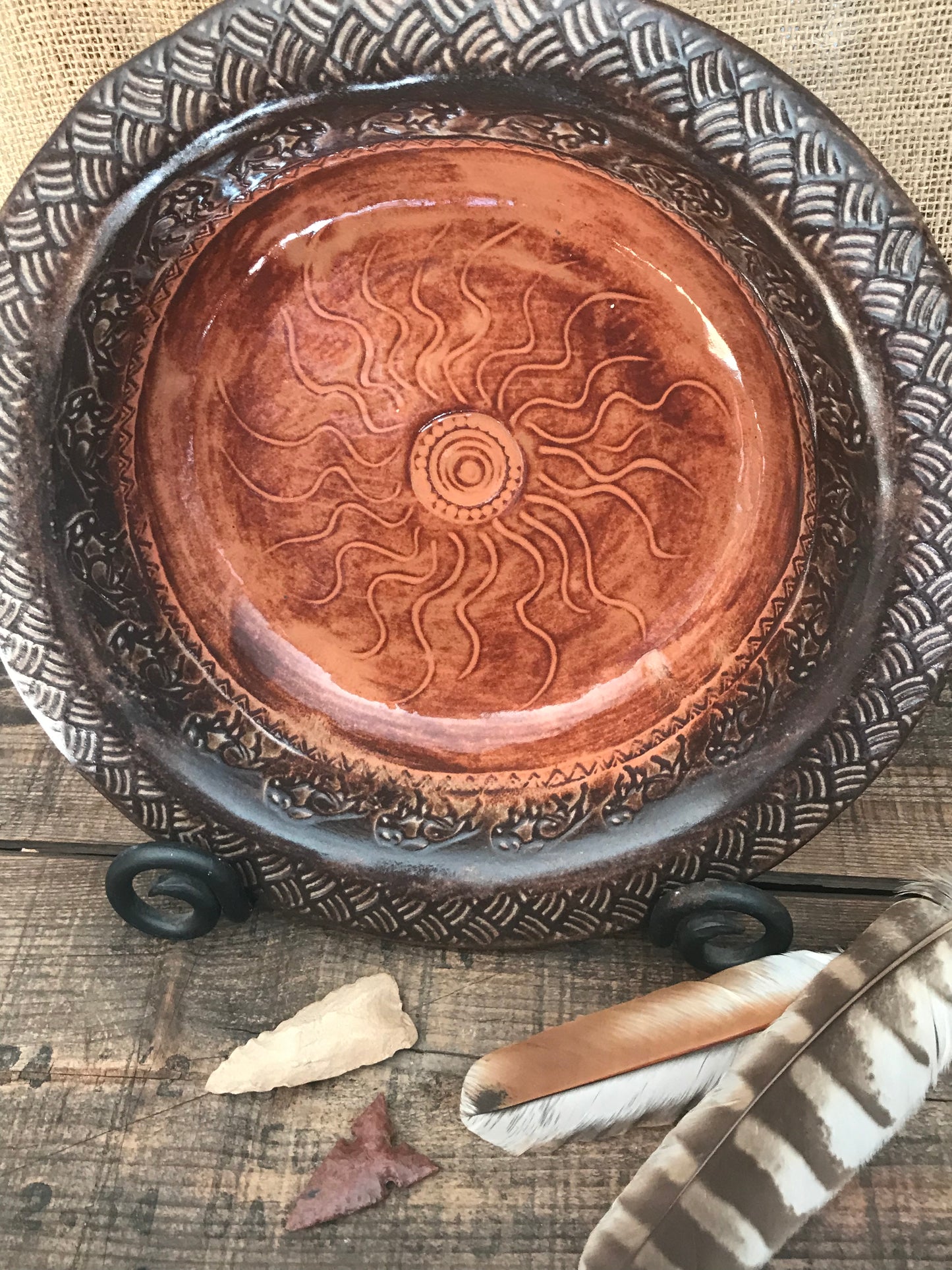 Rustic Wild Buffalo & Sun Serving & Baking Bowl ~ 12.5” Diameter ~ 1.75” Depth~ Sedona Red & Brown