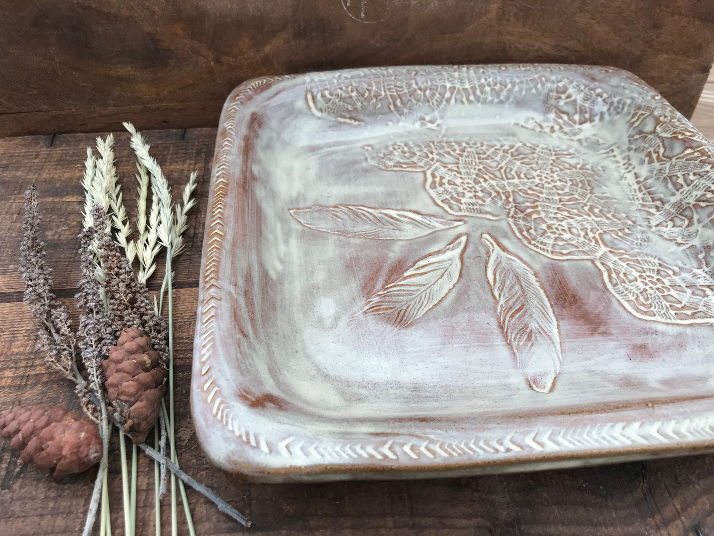 Rustic Square Wild Feathers & Doily Baking Tray/ Serving Tray ~ 10” Square  ~ 1.25” Depth~ Birch & Brown