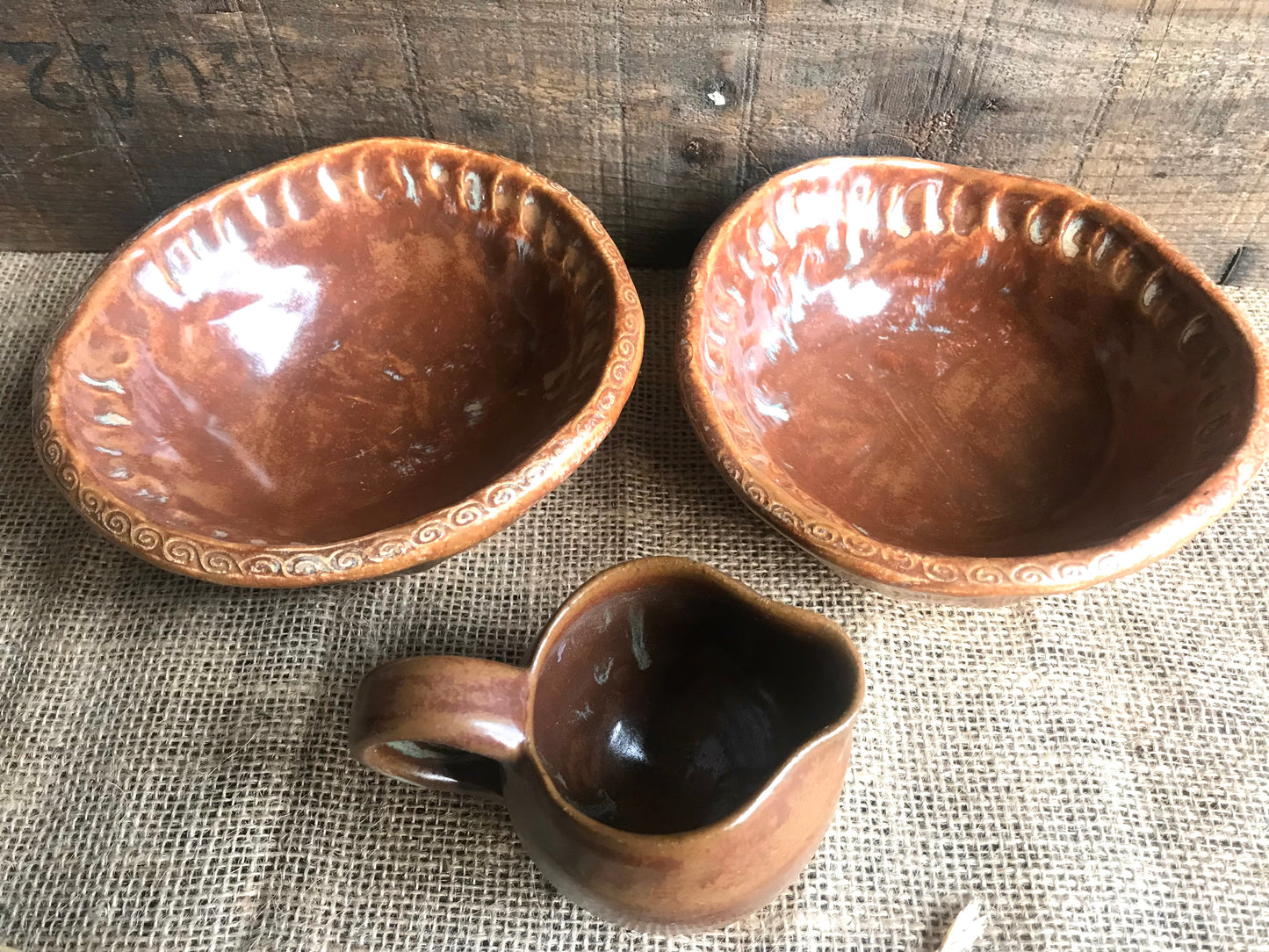 Rustic Handpinched Bowls & Mini Pouring Pitcher ~ Burnt Orange Glaze