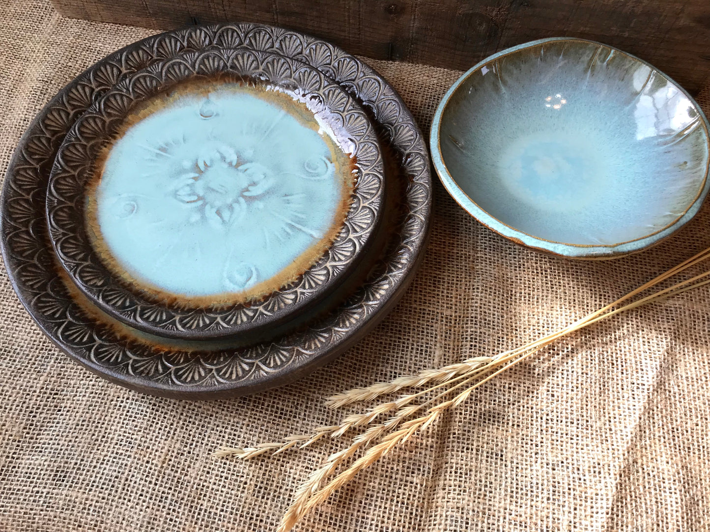 Rustic Native Mandala Dinnerware Set ~ Turquoise & Heavy Brown Glaze