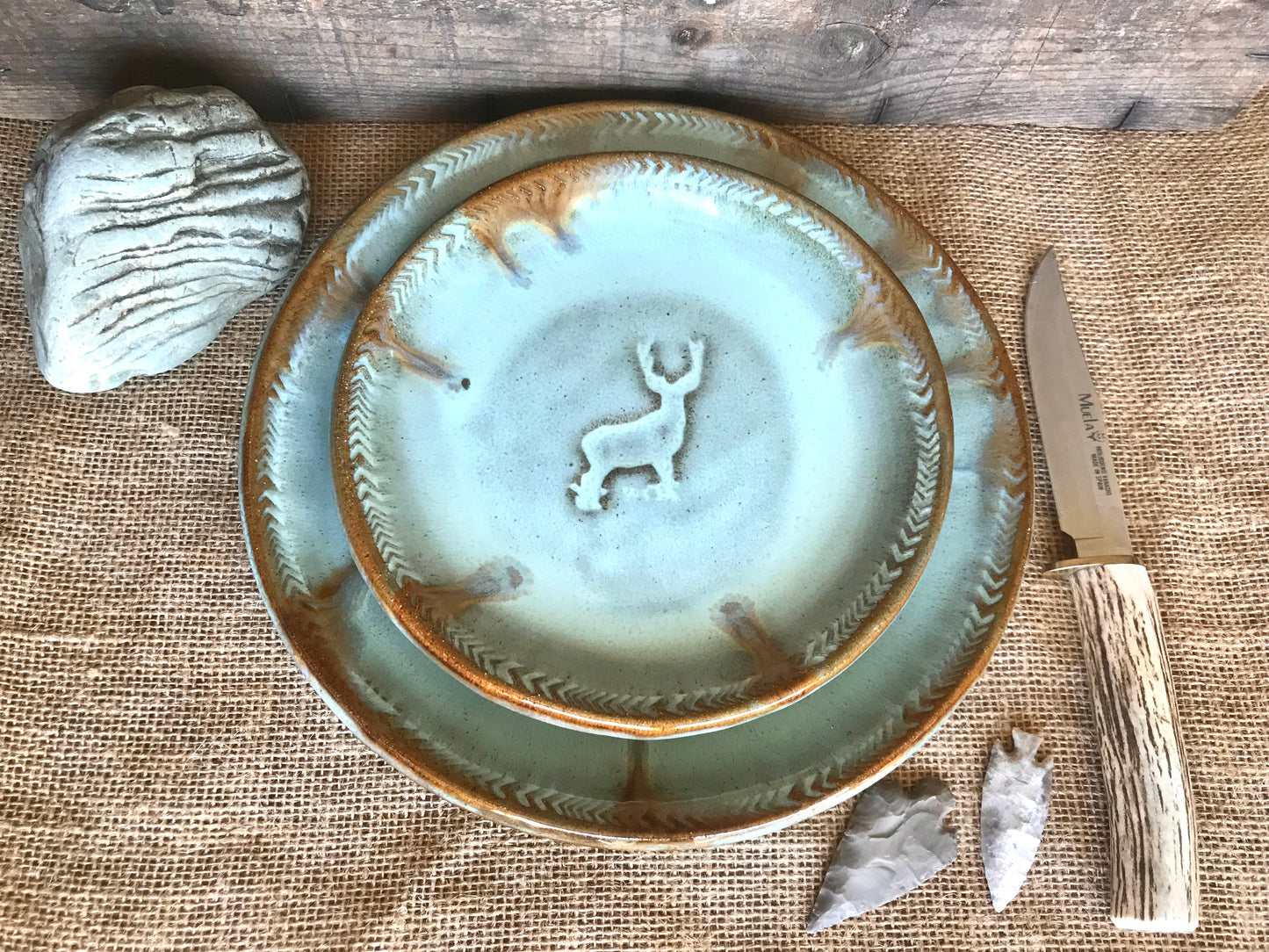 Rustic Wild Buck Dinner Plate & Salad Plate ~ Turquoise and Brown Glaze