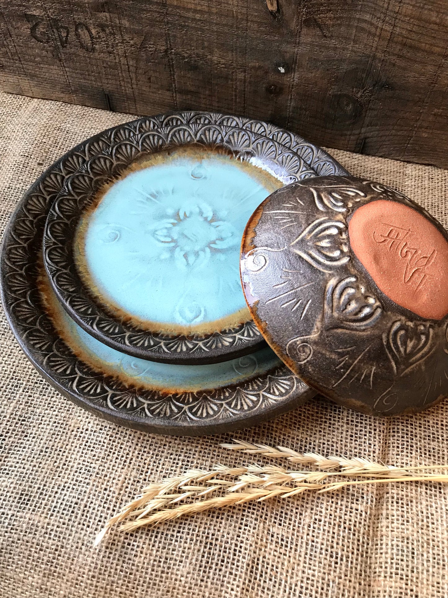 Rustic Native Mandala Dinnerware Set ~ Turquoise & Heavy Brown Glaze