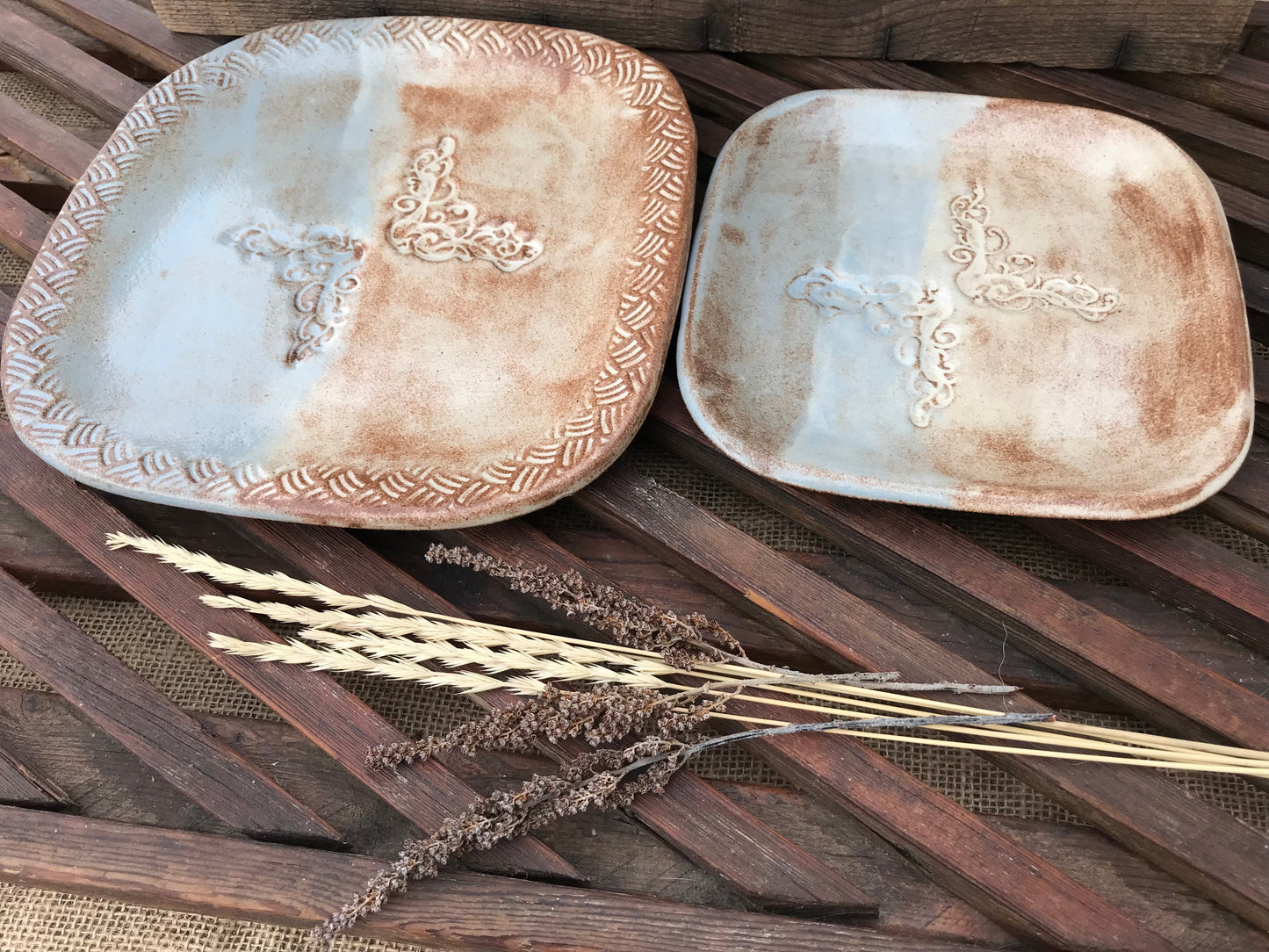 Rustic Floral & Basketweave Square Dinner Plate & Salad Plate ~ 9” ~  Blue & Brown Glaze